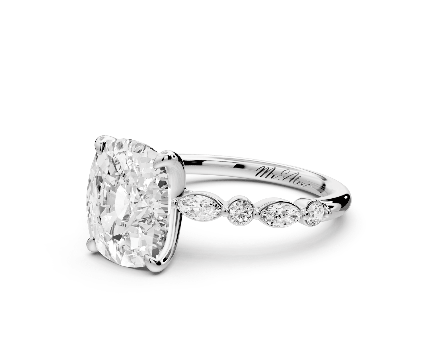 Amalia - 4ct platinum ecushion Round Diamond with Alternating 8 - Stone Marquise and Round Diamond Band Engagement Ring - Mr. Alex Jewelry
