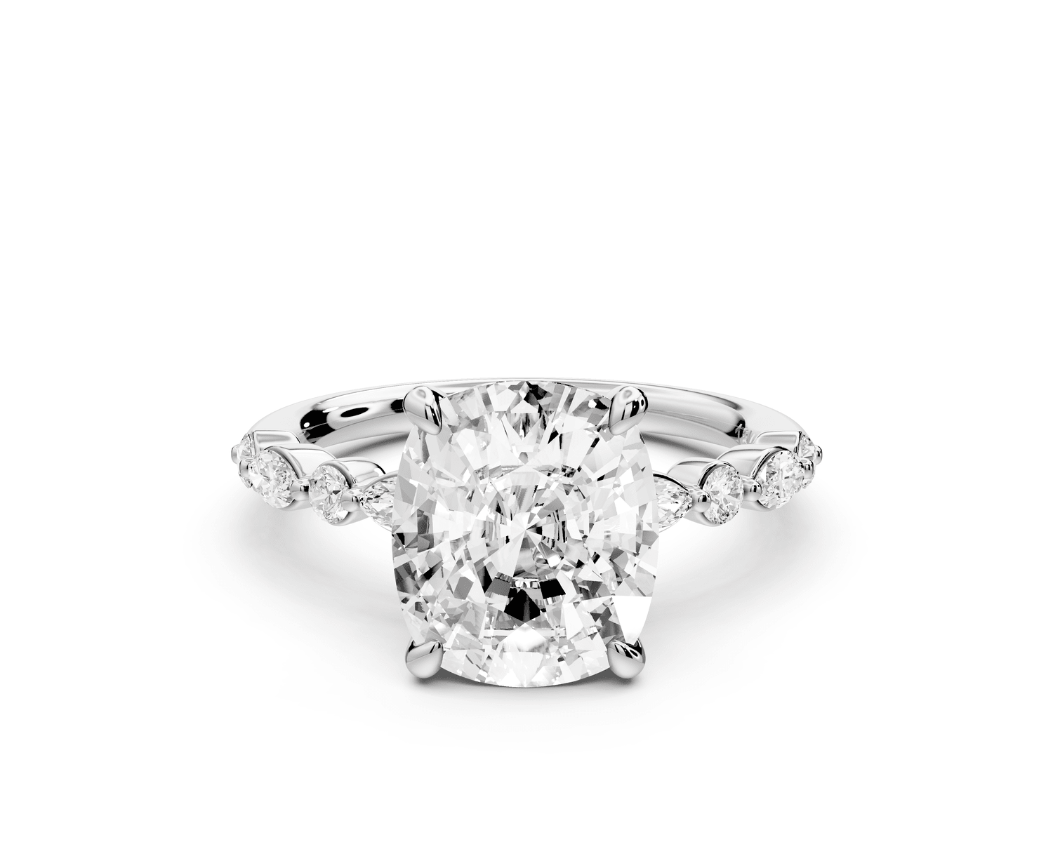 Amalia - 4ct platinum ecushion Round Diamond with Alternating 8 - Stone Marquise and Round Diamond Band Engagement Ring - Mr. Alex Jewelry
