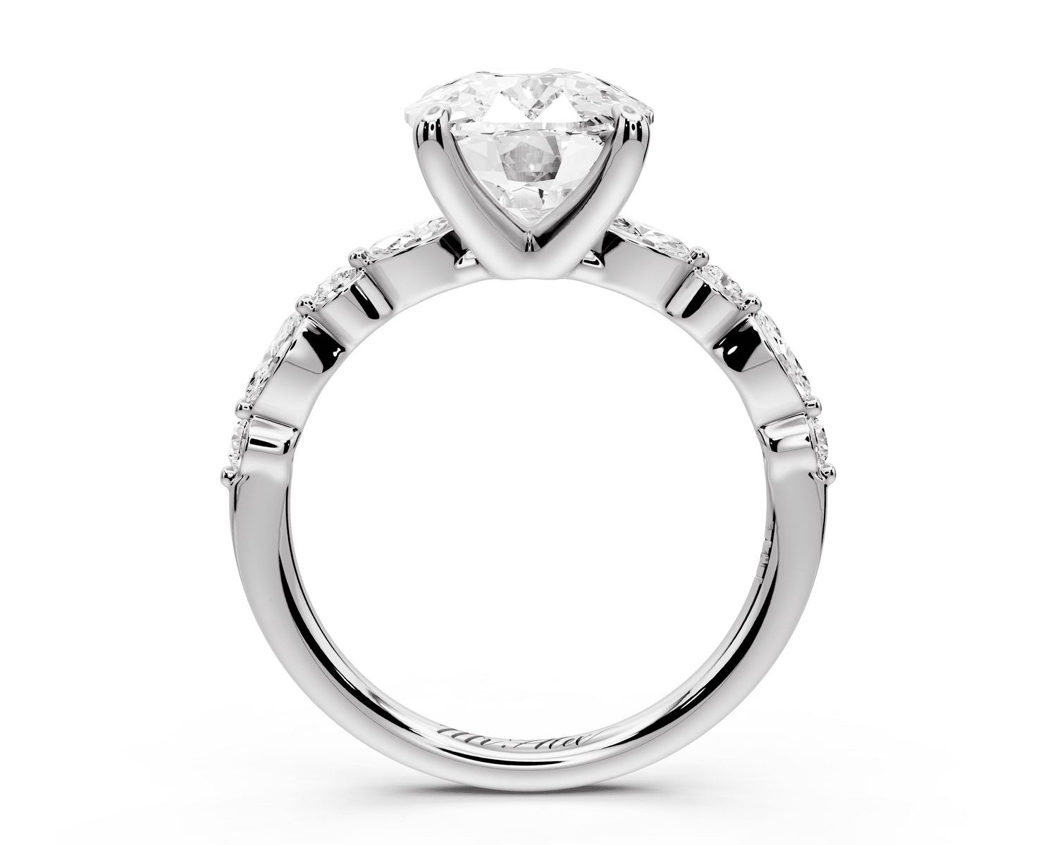 Amalia - 4ct platinum ecushion Round Diamond with Alternating 8 - Stone Marquise and Round Diamond Band Engagement Ring - Mr. Alex Jewelry