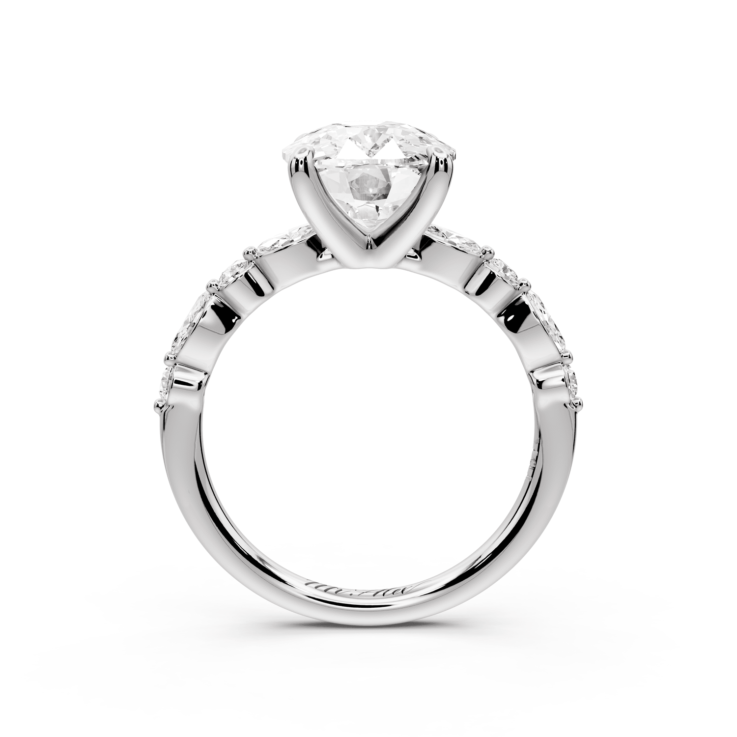 Amalia - 4ct platinum ecushion Round Diamond with Alternating 8 - Stone Marquise and Round Diamond Band Engagement Ring - Mr. Alex Jewelry