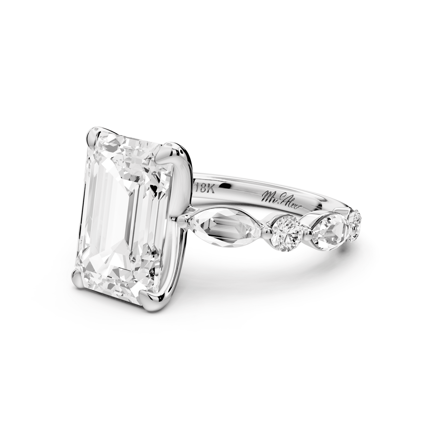 Amalia - 4ct platinum emerald Round Diamond with Alternating 8 - Stone Marquise and Round Diamond Band Engagement Ring - Mr. Alex Jewelry