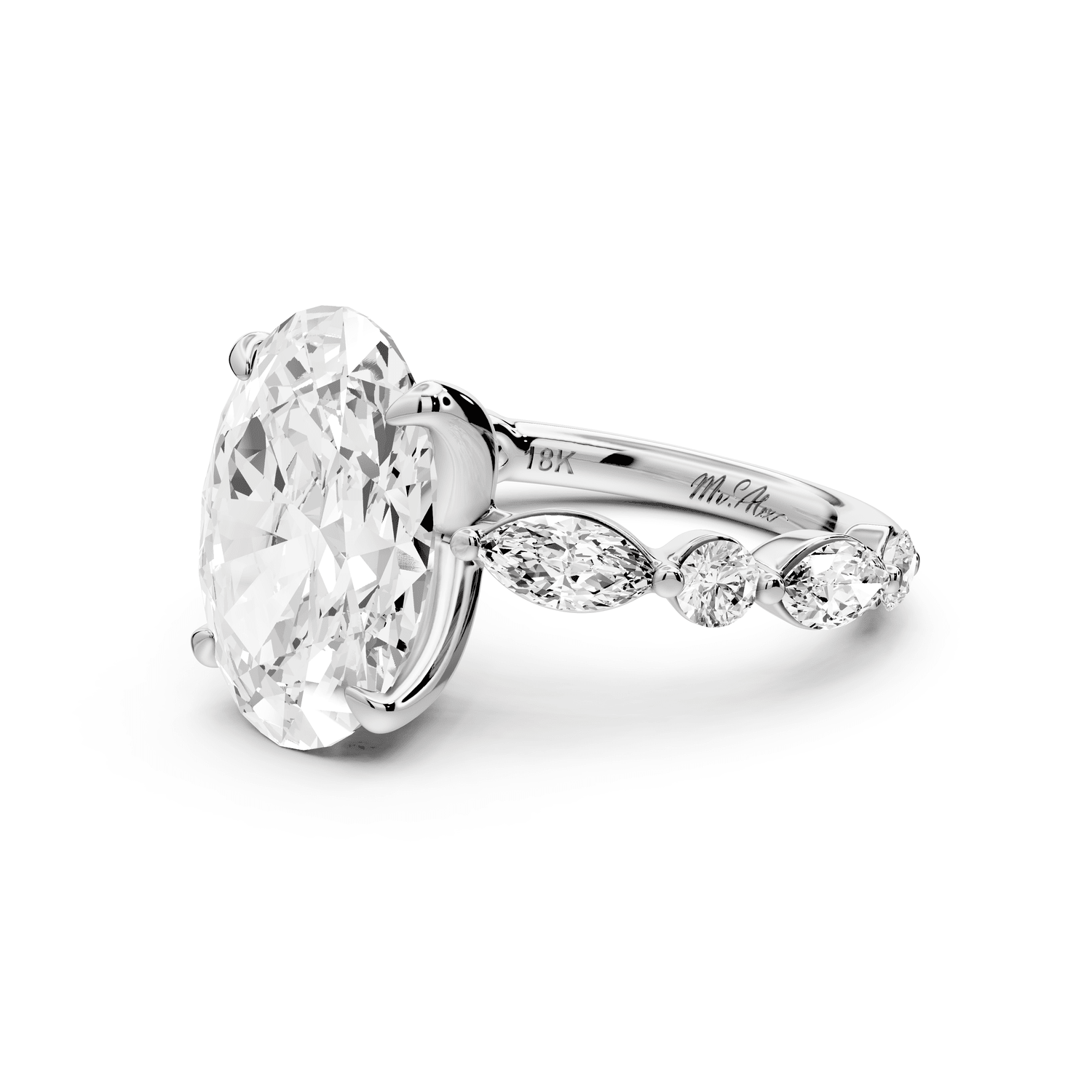 Amalia - 4ct platinum oval Round Diamond with Alternating 8 - Stone Marquise and Round Diamond Band Engagement Ring - Mr. Alex Jewelry