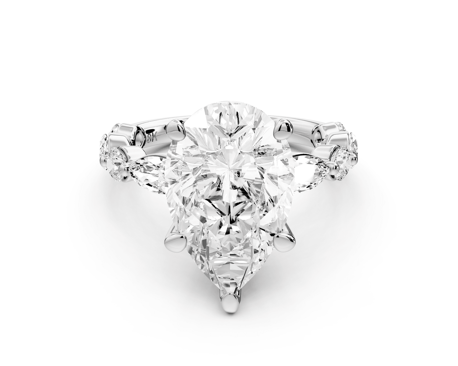 Amalia - 4ct platinum pear Round Diamond with Alternating 8 - Stone Marquise and Round Diamond Band Engagement Ring - Mr. Alex Jewelry