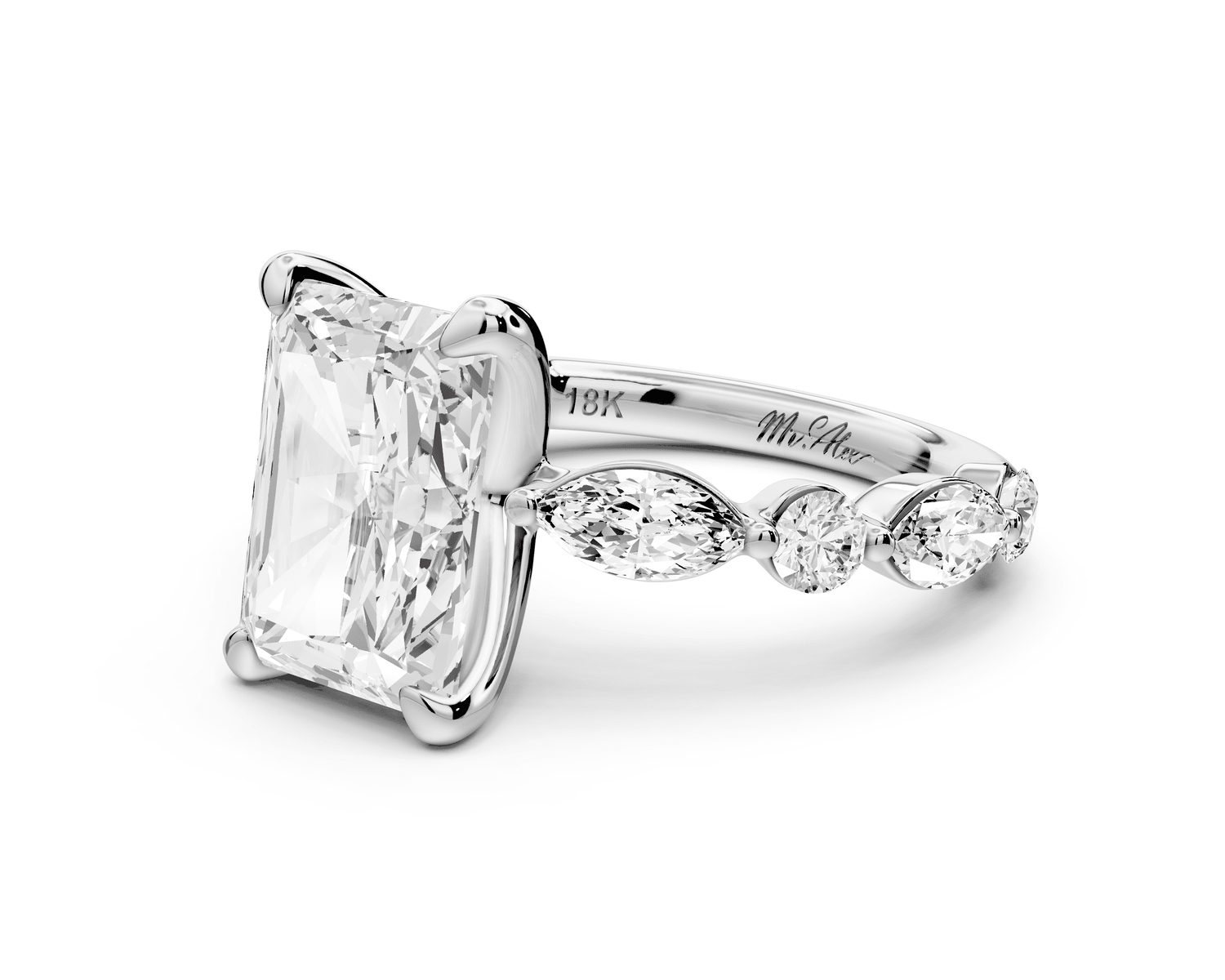 Amalia - 4ct platinum radiant Round Diamond with Alternating 8 - Stone Marquise and Round Diamond Band Engagement Ring - Mr. Alex Jewelry