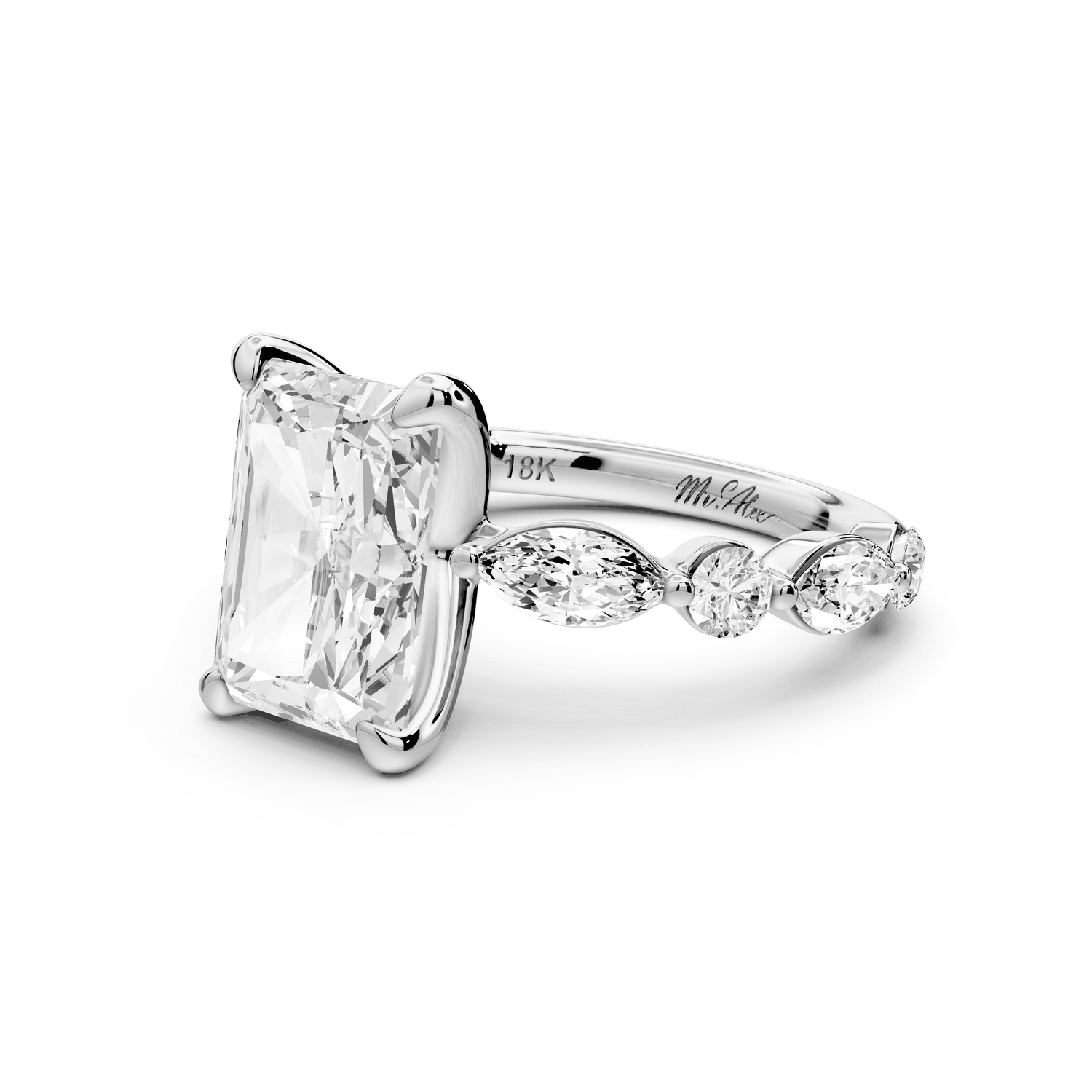 Amalia - 4ct platinum radiant Round Diamond with Alternating 8 - Stone Marquise and Round Diamond Band Engagement Ring - Mr. Alex Jewelry
