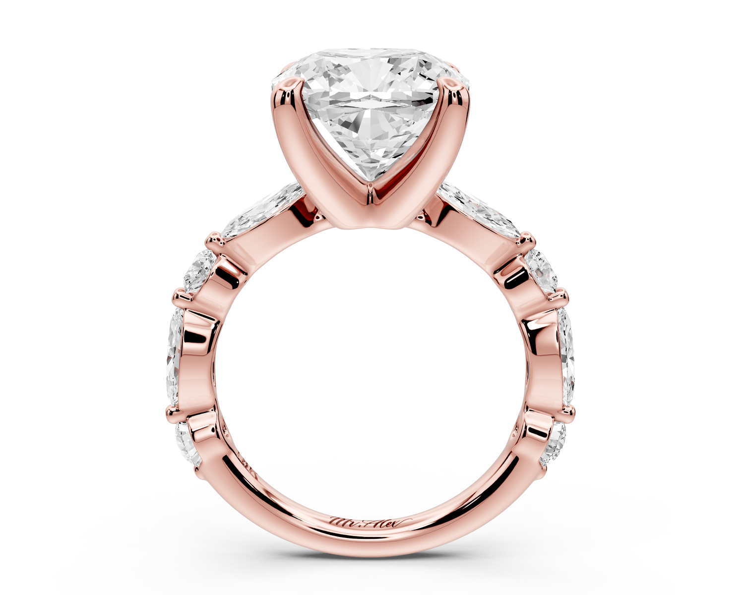 Amalia - 5ct 14k rose gold cushion Round Diamond with Alternating 8 - Stone Marquise and Round Diamond Band Engagement Ring - Mr. Alex Jewelry