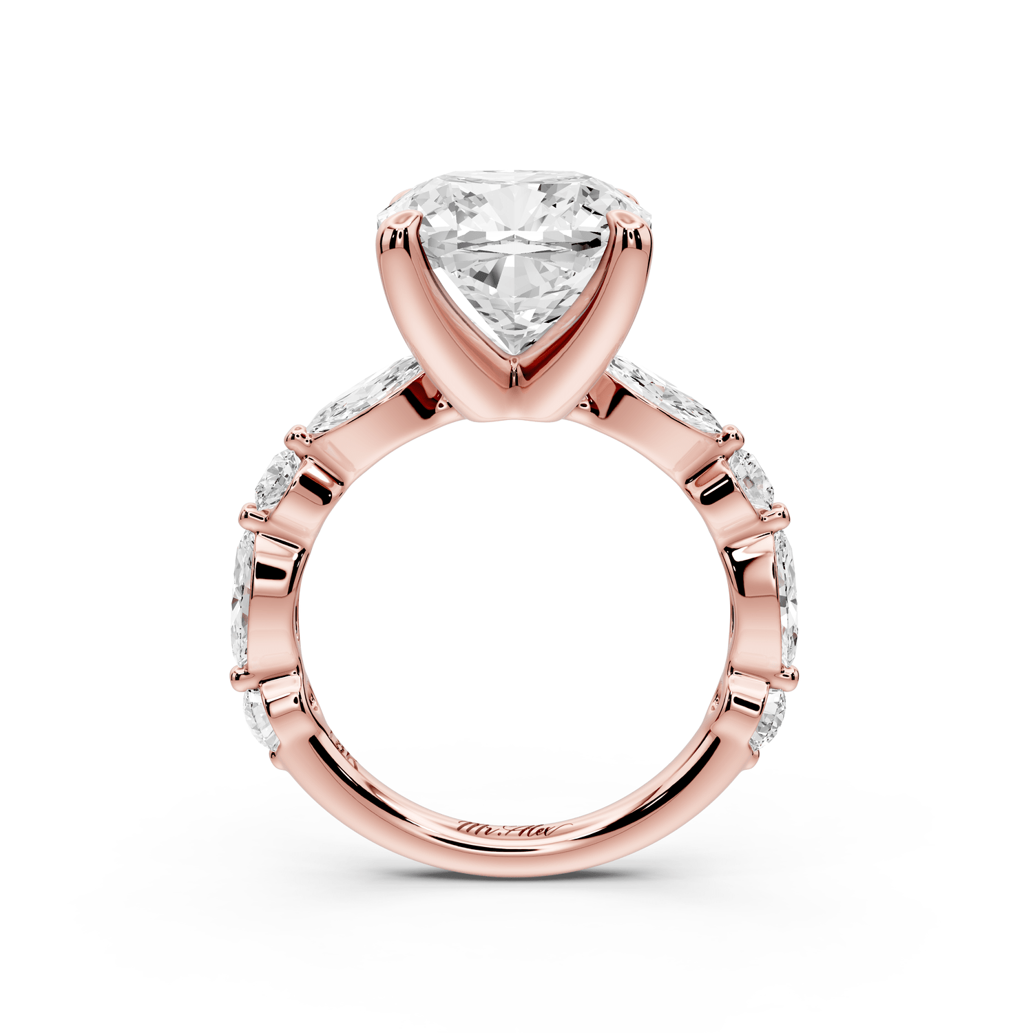 Amalia - 5ct 14k rose gold cushion Round Diamond with Alternating 8 - Stone Marquise and Round Diamond Band Engagement Ring - Mr. Alex Jewelry