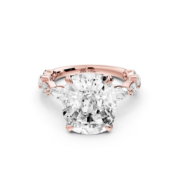 Amalia - 5ct 14k rose gold ecushion Round Diamond with Alternating 8 - Stone Marquise and Round Diamond Band Engagement Ring - Mr. Alex Jewelry