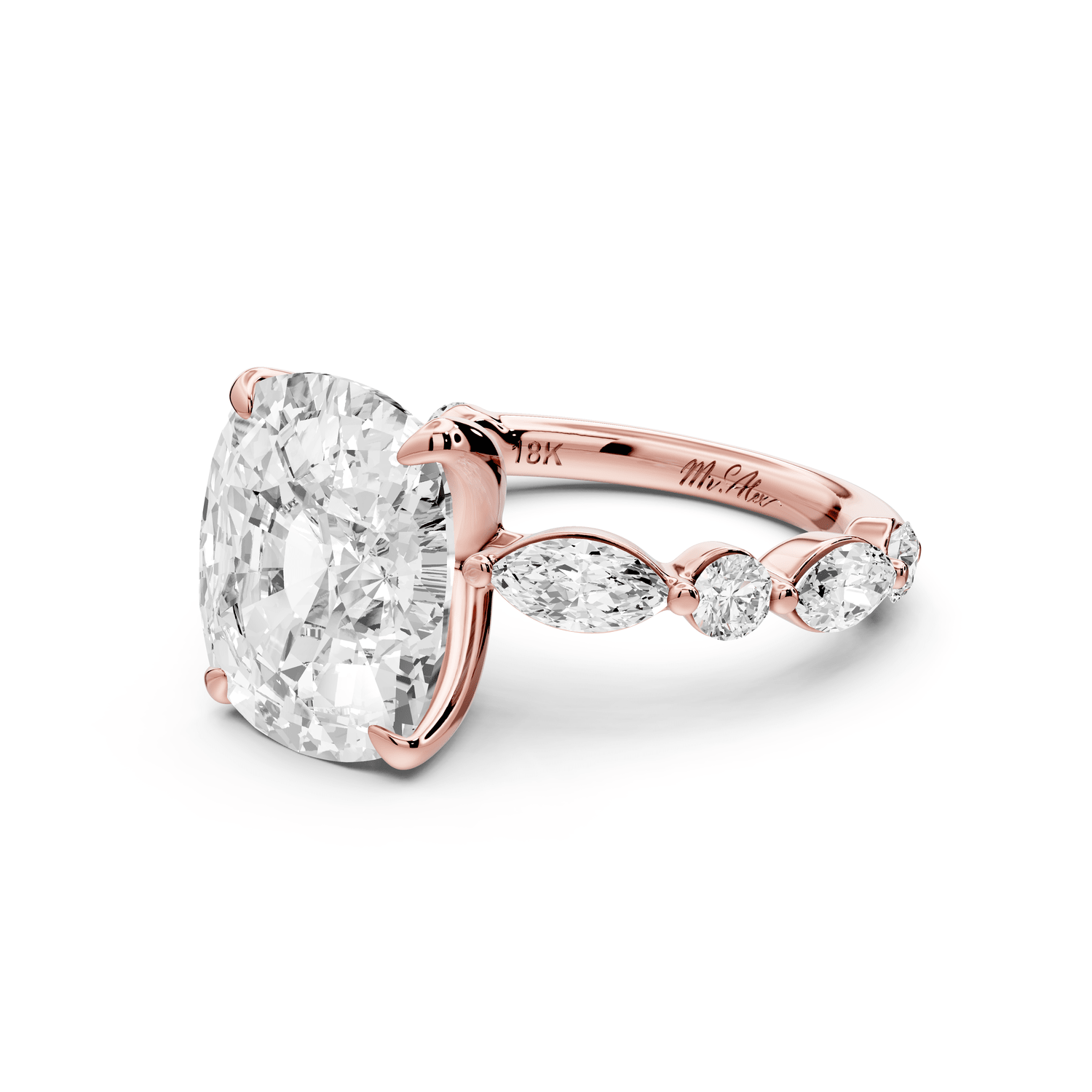 Amalia - 5ct 14k rose gold ecushion Round Diamond with Alternating 8 - Stone Marquise and Round Diamond Band Engagement Ring - Mr. Alex Jewelry