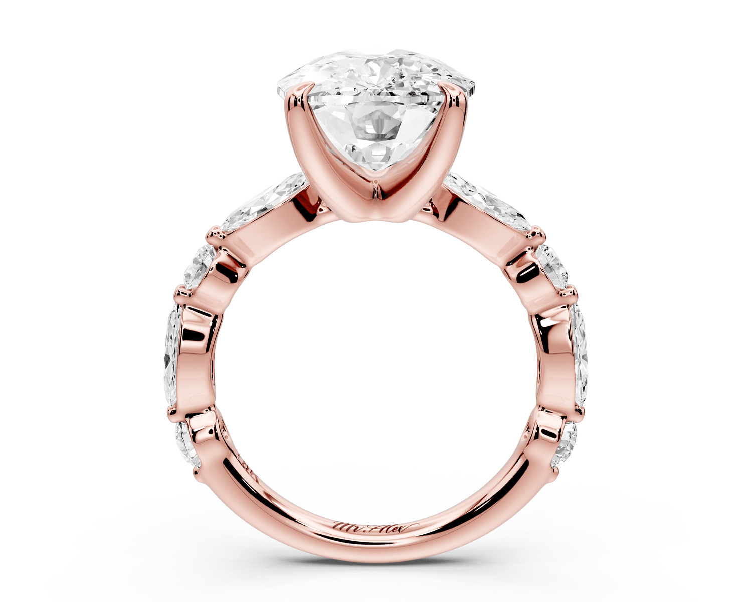 Amalia - 5ct 14k rose gold ecushion Round Diamond with Alternating 8 - Stone Marquise and Round Diamond Band Engagement Ring - Mr. Alex Jewelry