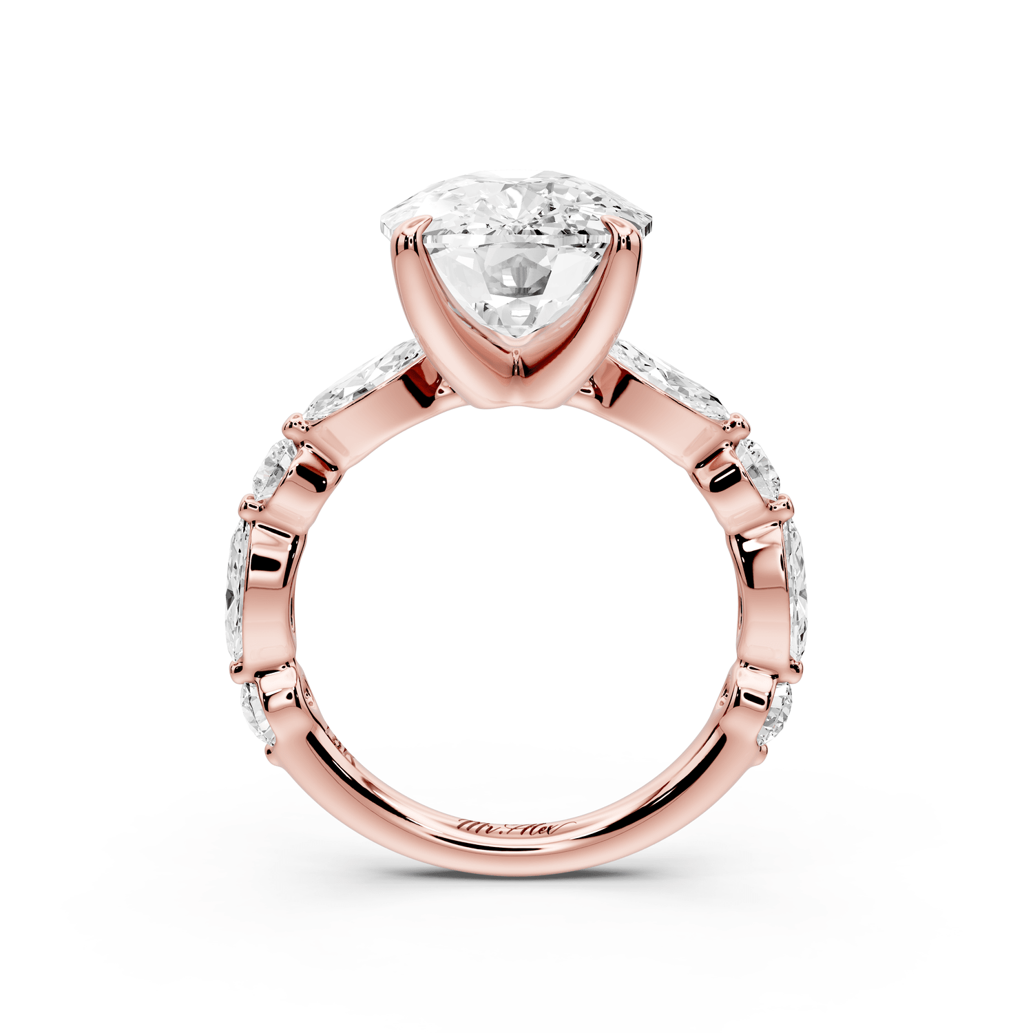 Amalia - 5ct 14k rose gold ecushion Round Diamond with Alternating 8 - Stone Marquise and Round Diamond Band Engagement Ring - Mr. Alex Jewelry