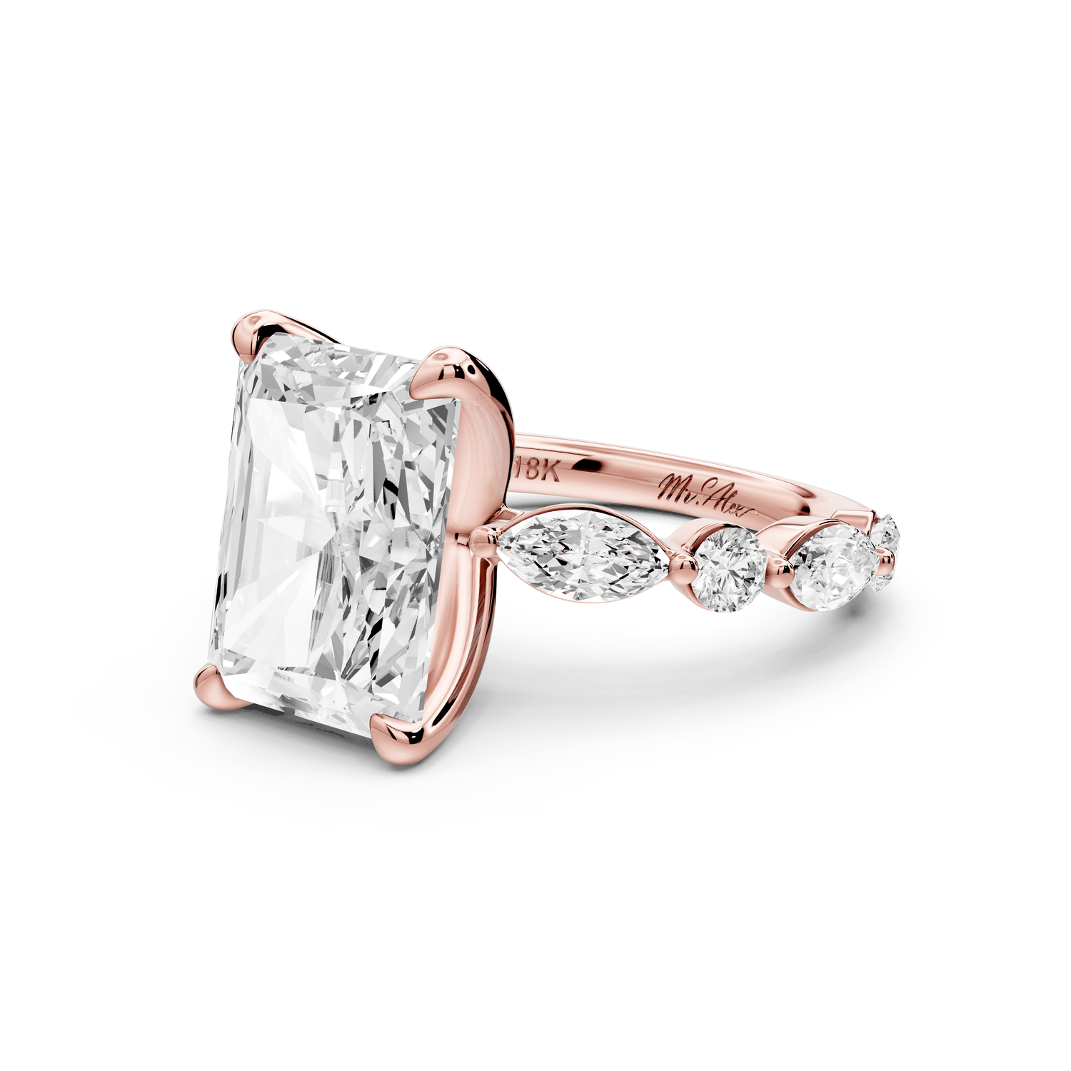 Amalia - 5ct 14k rose gold radiant Round Diamond with Alternating 8 - Stone Marquise and Round Diamond Band Engagement Ring - Mr. Alex Jewelry
