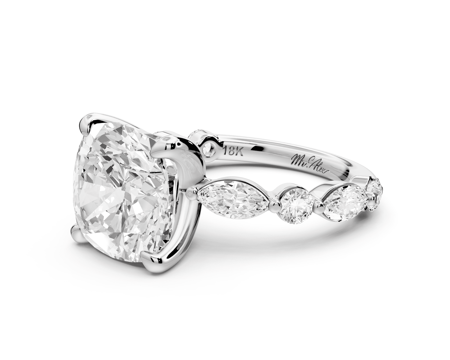 Amalia - 5ct 14k white gold cushion Round Diamond with Alternating 8 - Stone Marquise and Round Diamond Band Engagement Ring - Mr. Alex Jewelry