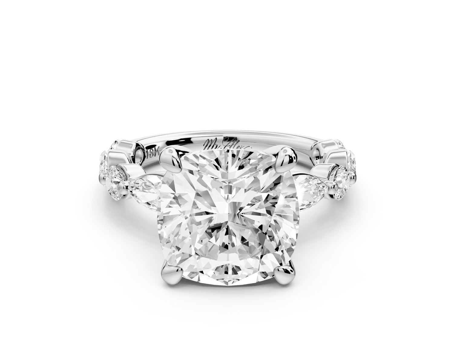 Amalia - 5ct 14k white gold cushion Round Diamond with Alternating 8 - Stone Marquise and Round Diamond Band Engagement Ring - Mr. Alex Jewelry