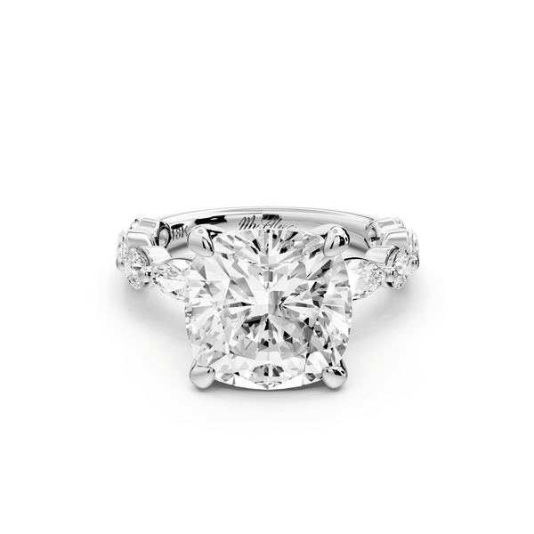 Amalia - 5ct 14k white gold cushion Round Diamond with Alternating 8 - Stone Marquise and Round Diamond Band Engagement Ring - Mr. Alex Jewelry