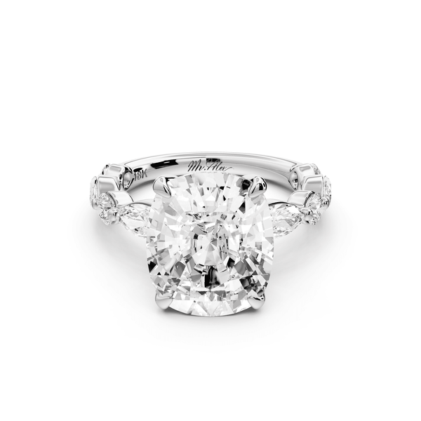 Amalia - 5ct 14k white gold ecushion Round Diamond with Alternating 8 - Stone Marquise and Round Diamond Band Engagement Ring - Mr. Alex Jewelry
