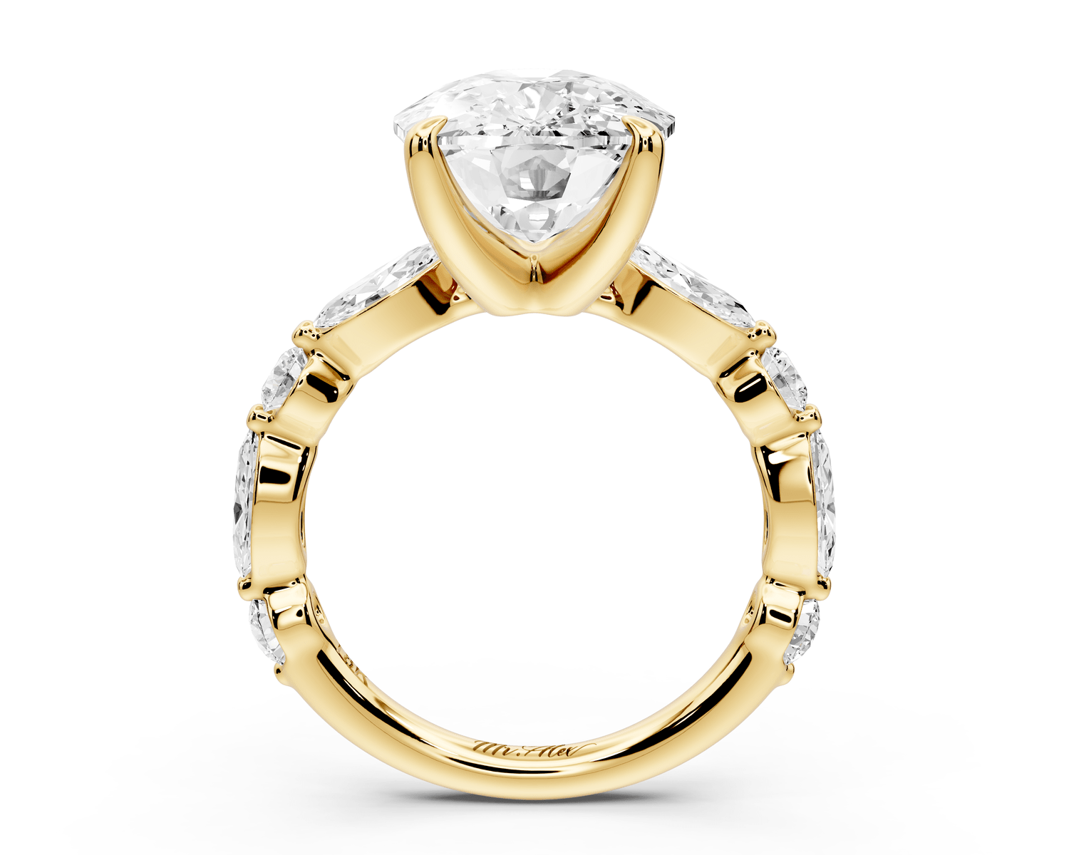 Amalia - 5ct 14k yellow gold ecushion Round Diamond with Alternating 8 - Stone Marquise and Round Diamond Band Engagement Ring - Mr. Alex Jewelry