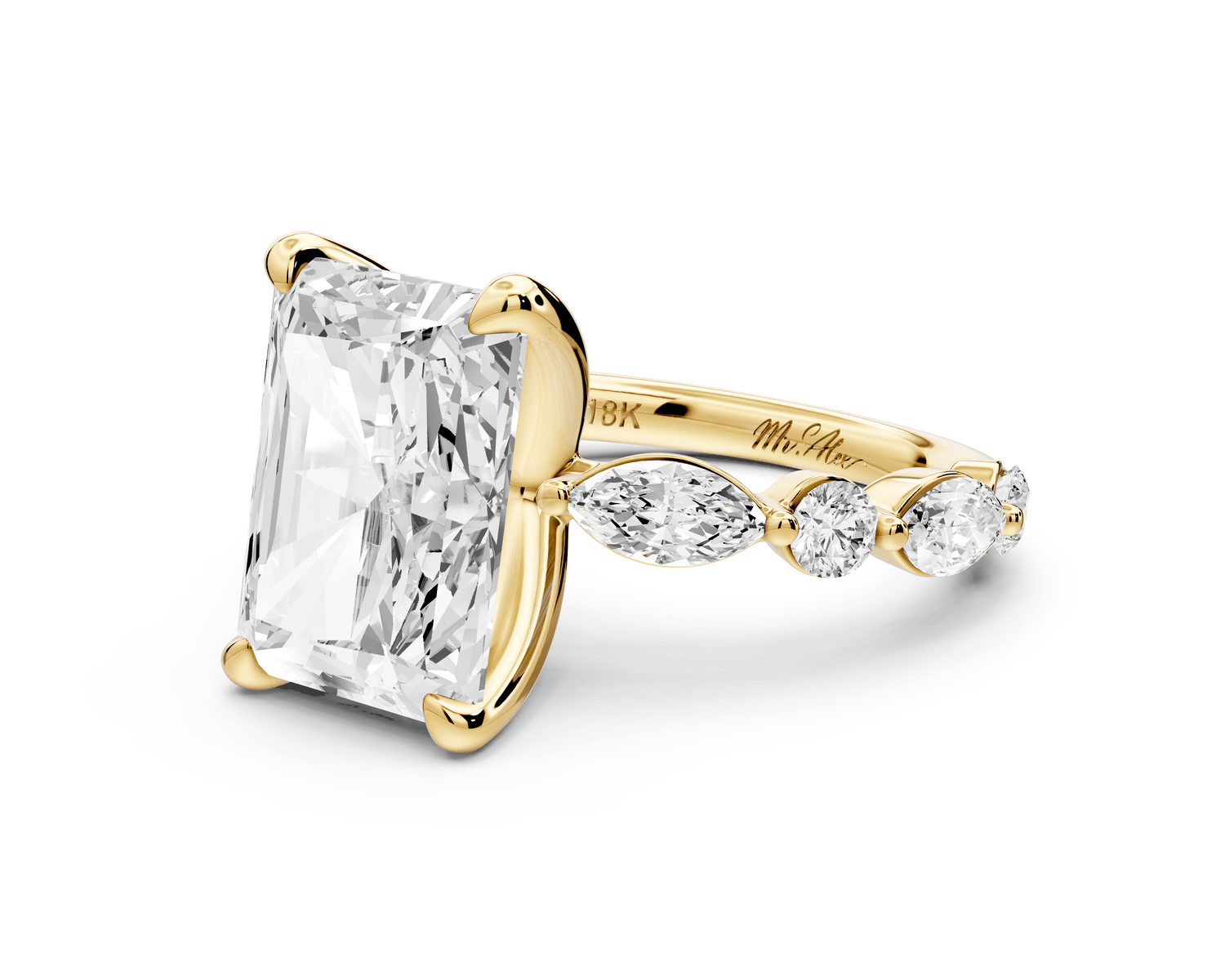 Amalia - 5ct 14k yellow gold radiant Round Diamond with Alternating 8 - Stone Marquise and Round Diamond Band Engagement Ring - Mr. Alex Jewelry