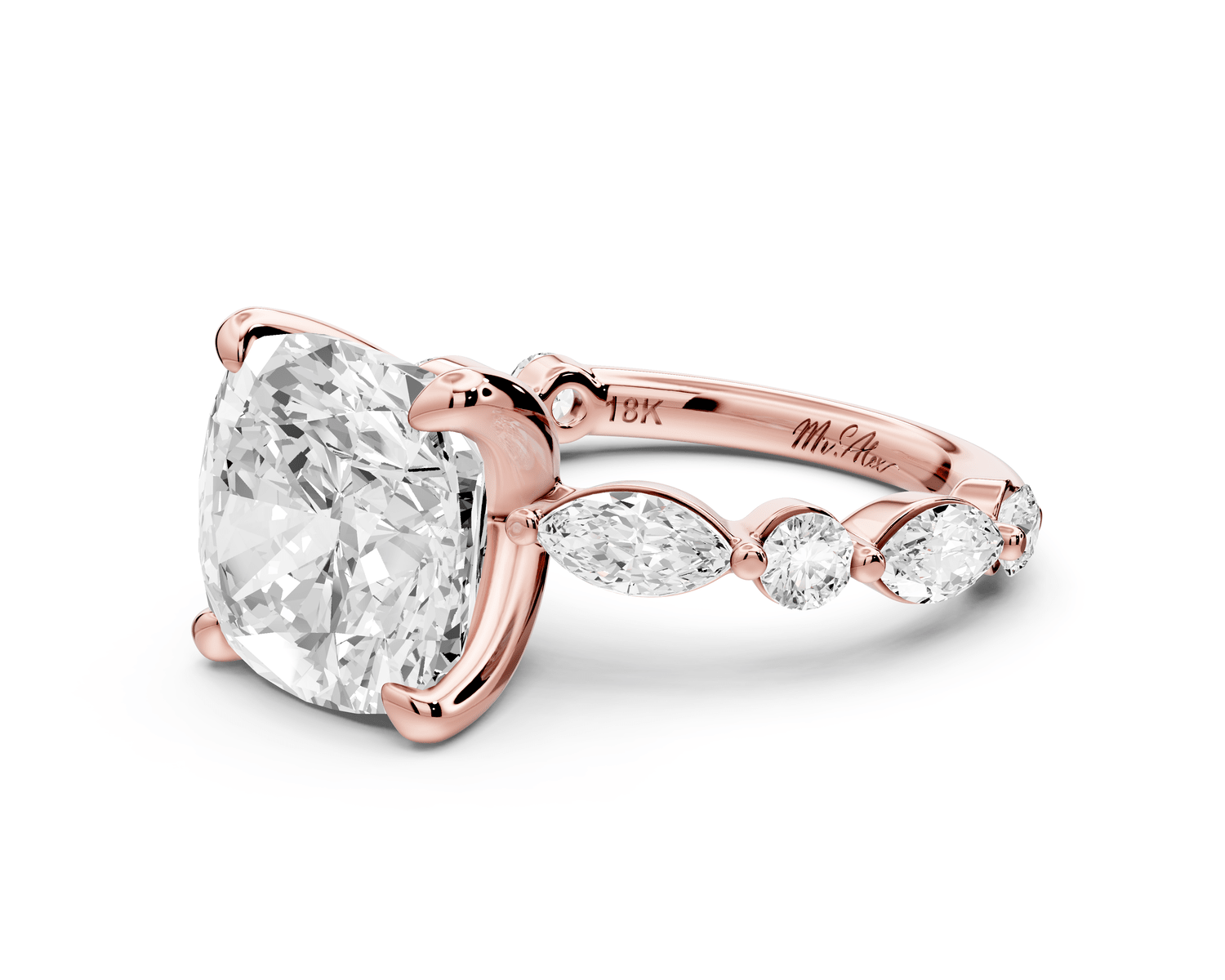 Amalia - 5ct 18k rose gold cushion Round Diamond with Alternating 8 - Stone Marquise and Round Diamond Band Engagement Ring - Mr. Alex Jewelry