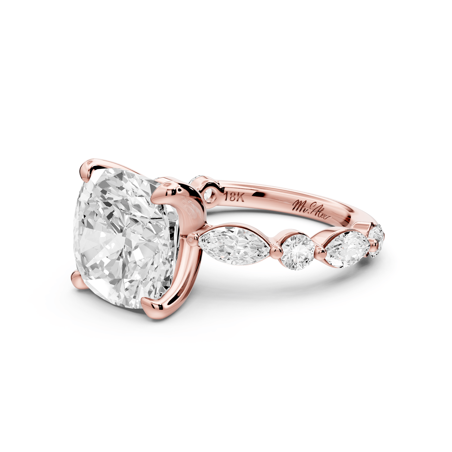 Amalia - 5ct 18k rose gold cushion Round Diamond with Alternating 8 - Stone Marquise and Round Diamond Band Engagement Ring - Mr. Alex Jewelry