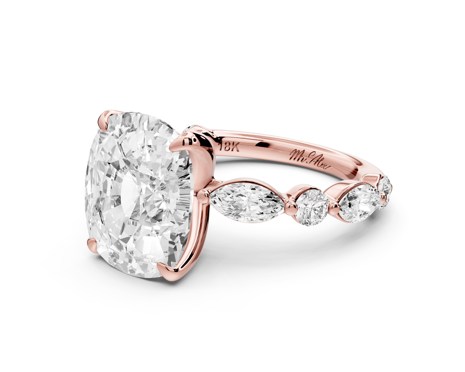Amalia - 5ct 18k rose gold ecushion Round Diamond with Alternating 8 - Stone Marquise and Round Diamond Band Engagement Ring - Mr. Alex Jewelry