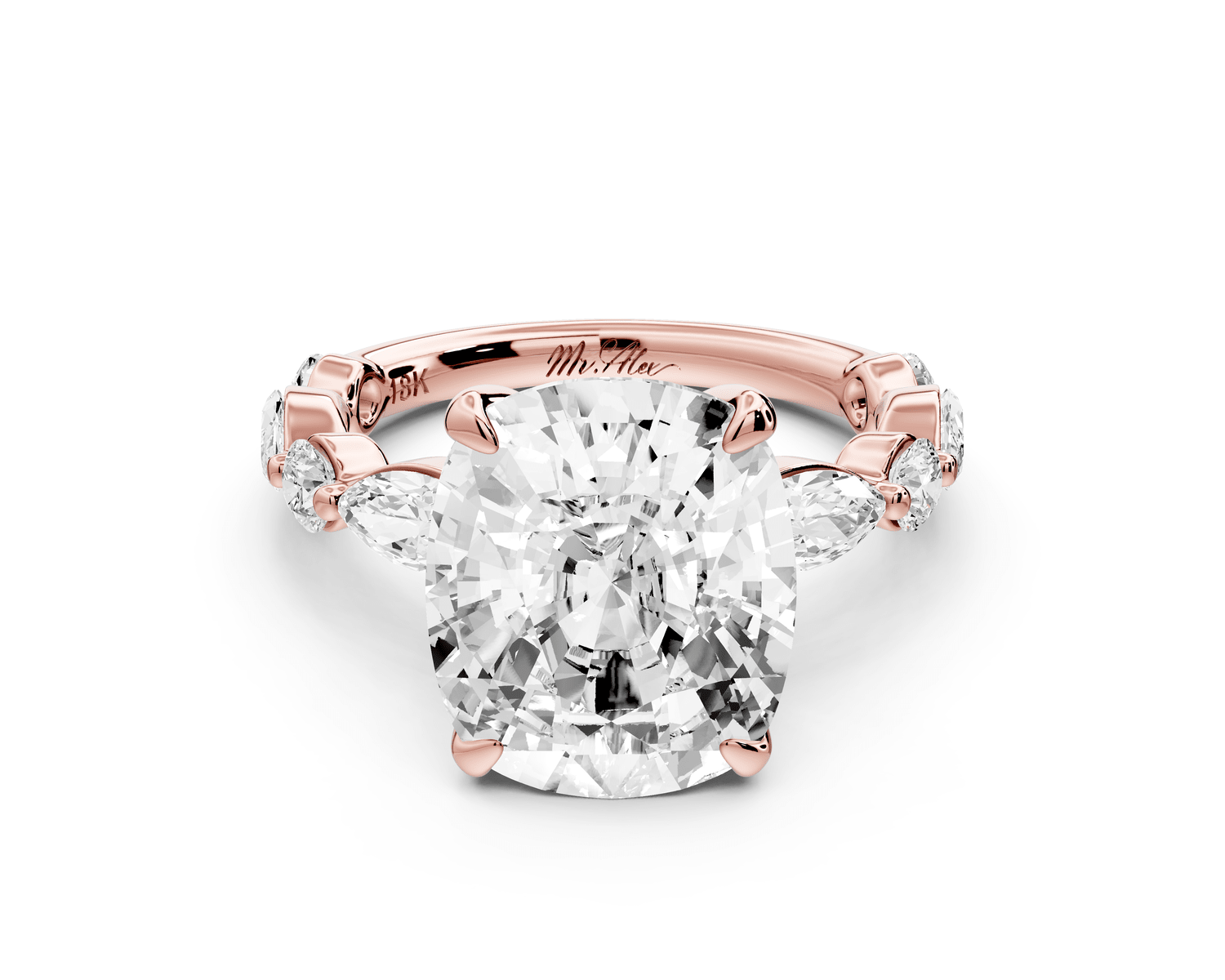 Amalia - 5ct 18k rose gold ecushion Round Diamond with Alternating 8 - Stone Marquise and Round Diamond Band Engagement Ring - Mr. Alex Jewelry