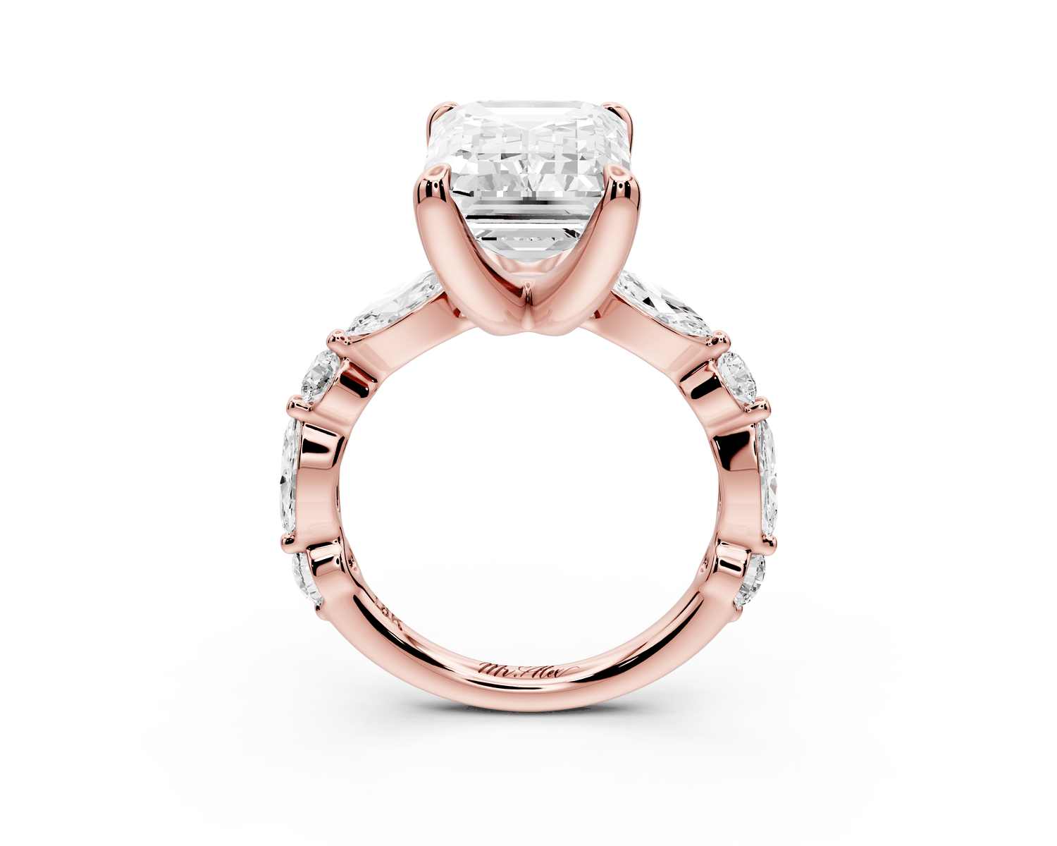 Amalia - 5ct 18k rose gold emerald Round Diamond with Alternating 8 - Stone Marquise and Round Diamond Band Engagement Ring - Mr. Alex Jewelry