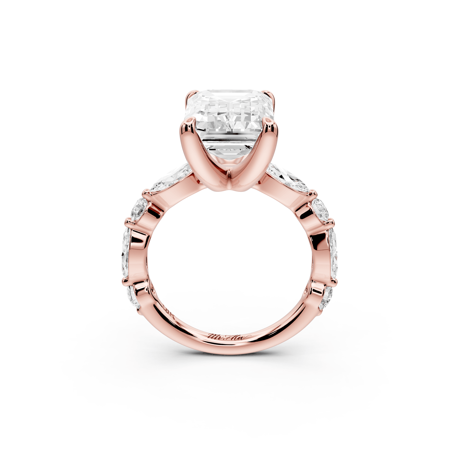 Amalia - 5ct 18k rose gold emerald Round Diamond with Alternating 8 - Stone Marquise and Round Diamond Band Engagement Ring - Mr. Alex Jewelry
