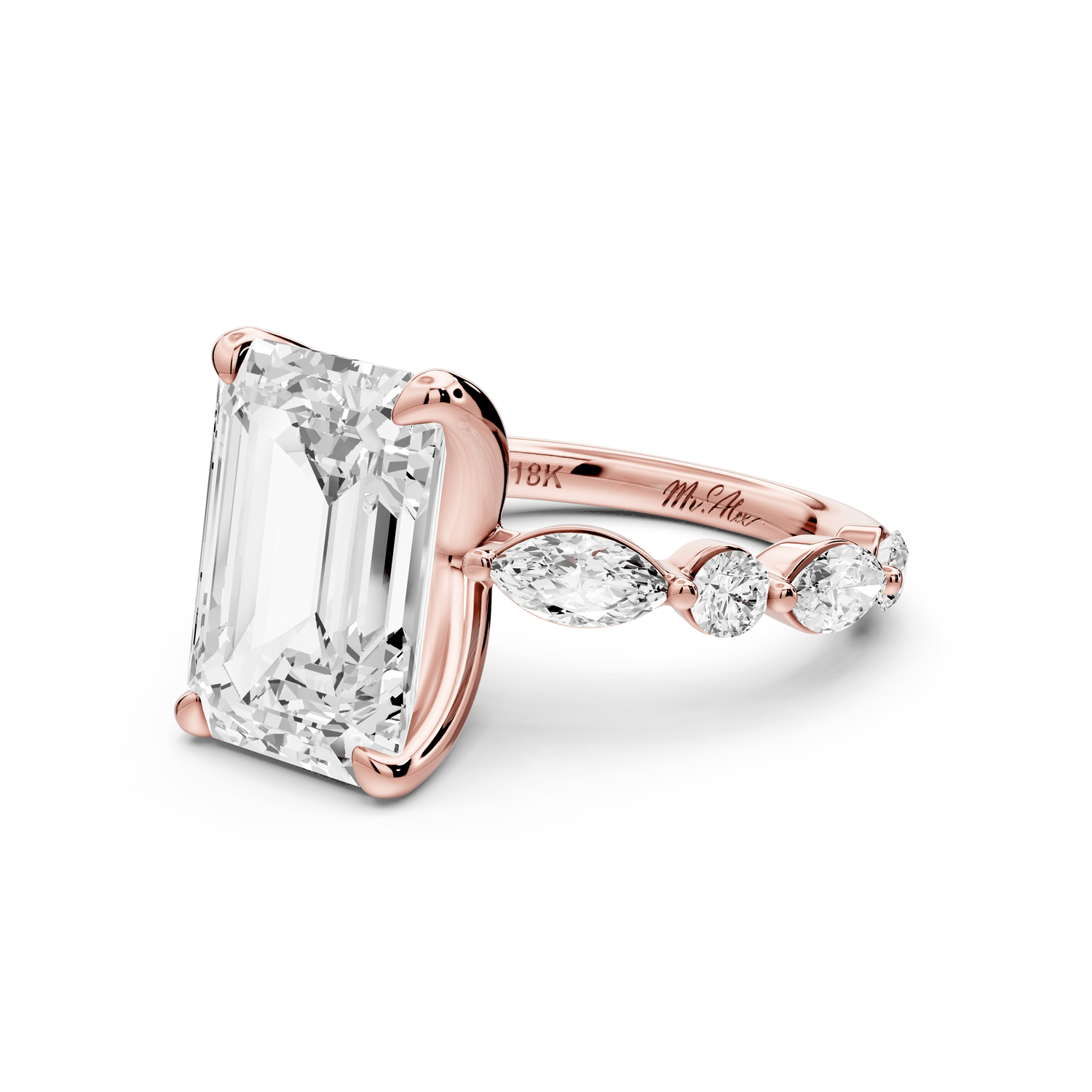 Amalia - 5ct 18k rose gold emerald Round Diamond with Alternating 8 - Stone Marquise and Round Diamond Band Engagement Ring - Mr. Alex Jewelry