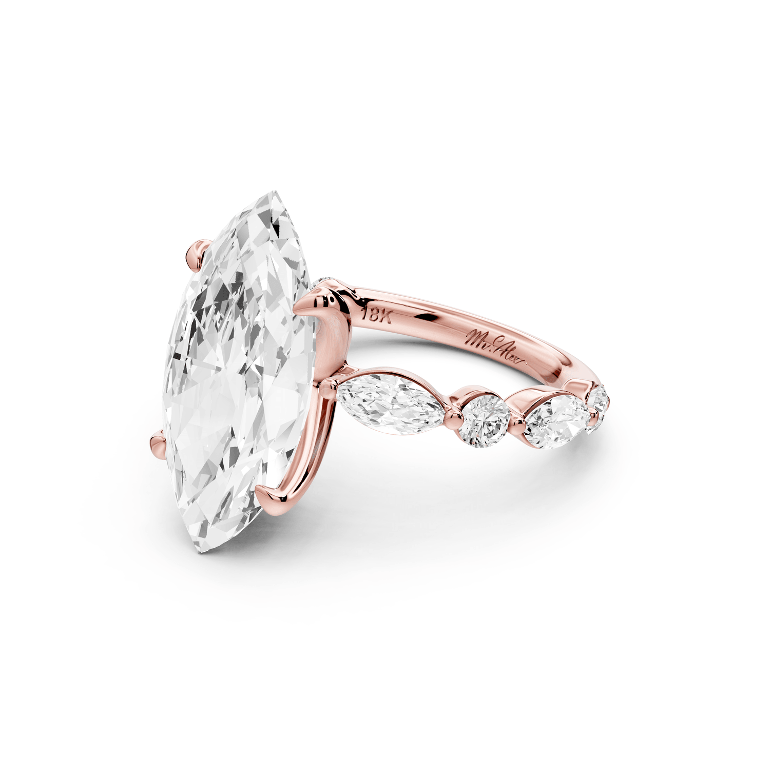 Amalia - 5ct 18k rose gold marquise Round Diamond with Alternating 8 - Stone Marquise and Round Diamond Band Engagement Ring - Mr. Alex Jewelry