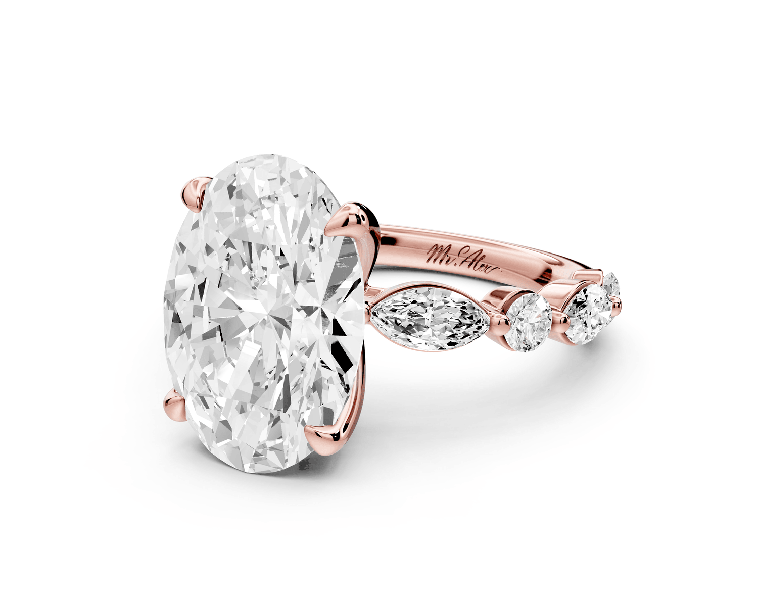 Amalia - 5ct 18k rose gold oval Round Diamond with Alternating 8 - Stone Marquise and Round Diamond Band Engagement Ring - Mr. Alex Jewelry