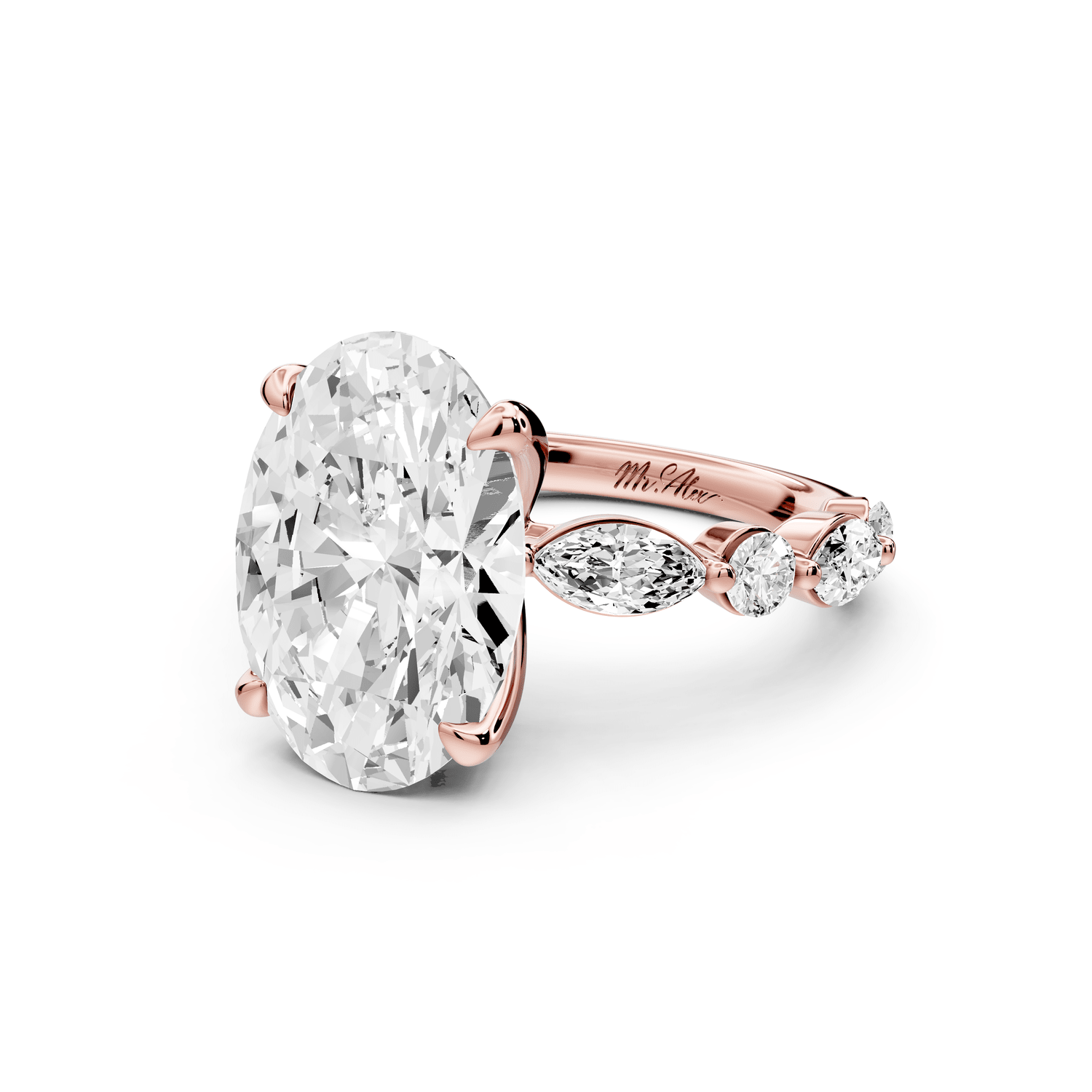 Amalia - 5ct 18k rose gold oval Round Diamond with Alternating 8 - Stone Marquise and Round Diamond Band Engagement Ring - Mr. Alex Jewelry