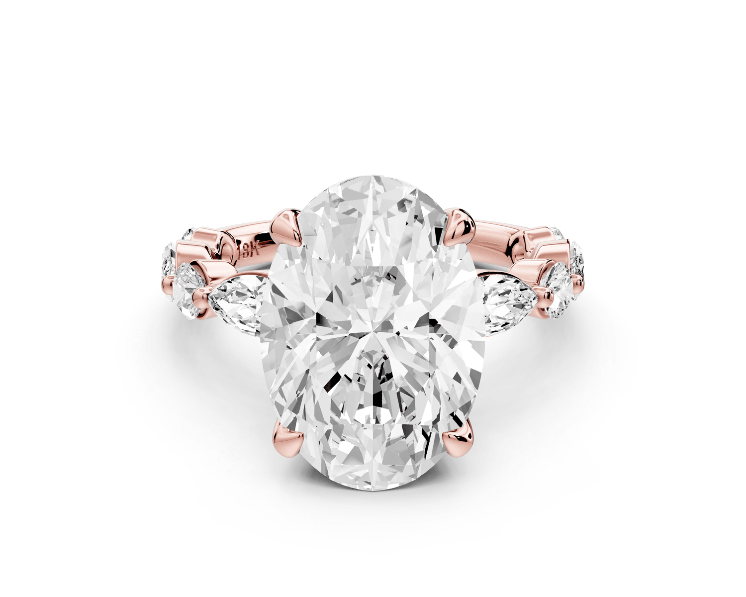 Amalia - 5ct 18k rose gold oval Round Diamond with Alternating 8 - Stone Marquise and Round Diamond Band Engagement Ring - Mr. Alex Jewelry