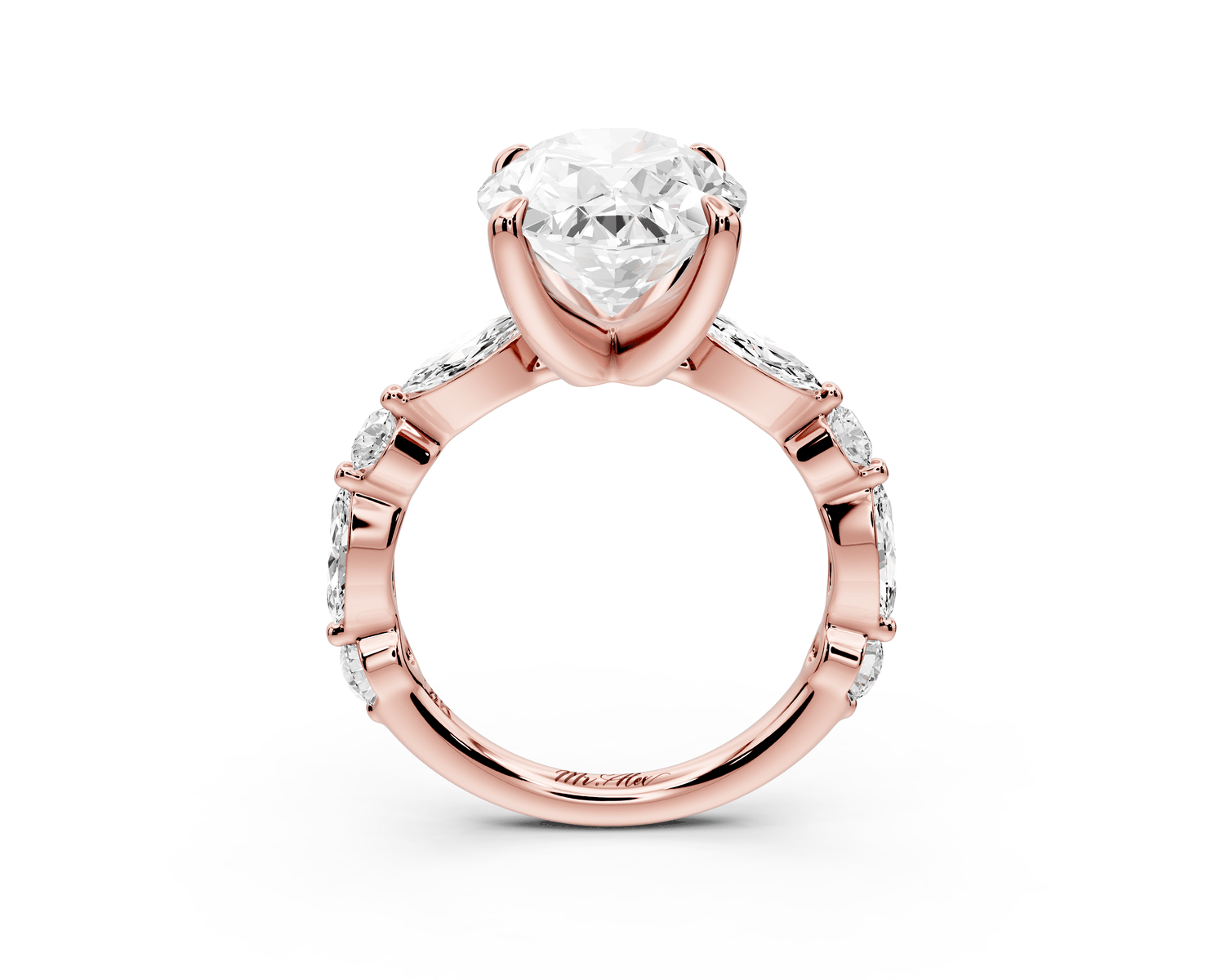 Amalia - 5ct 18k rose gold oval Round Diamond with Alternating 8 - Stone Marquise and Round Diamond Band Engagement Ring - Mr. Alex Jewelry
