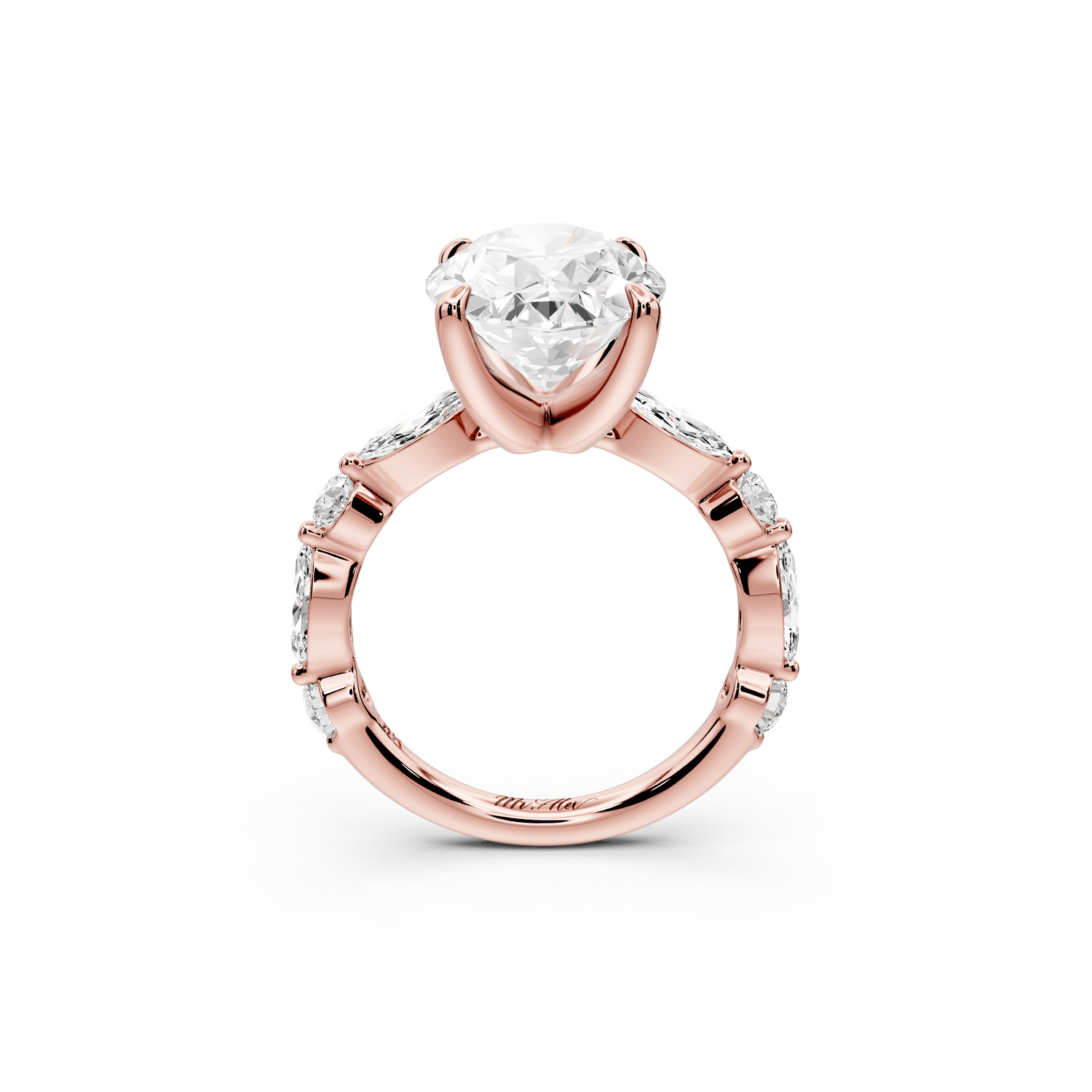 Amalia - 5ct 18k rose gold oval Round Diamond with Alternating 8 - Stone Marquise and Round Diamond Band Engagement Ring - Mr. Alex Jewelry