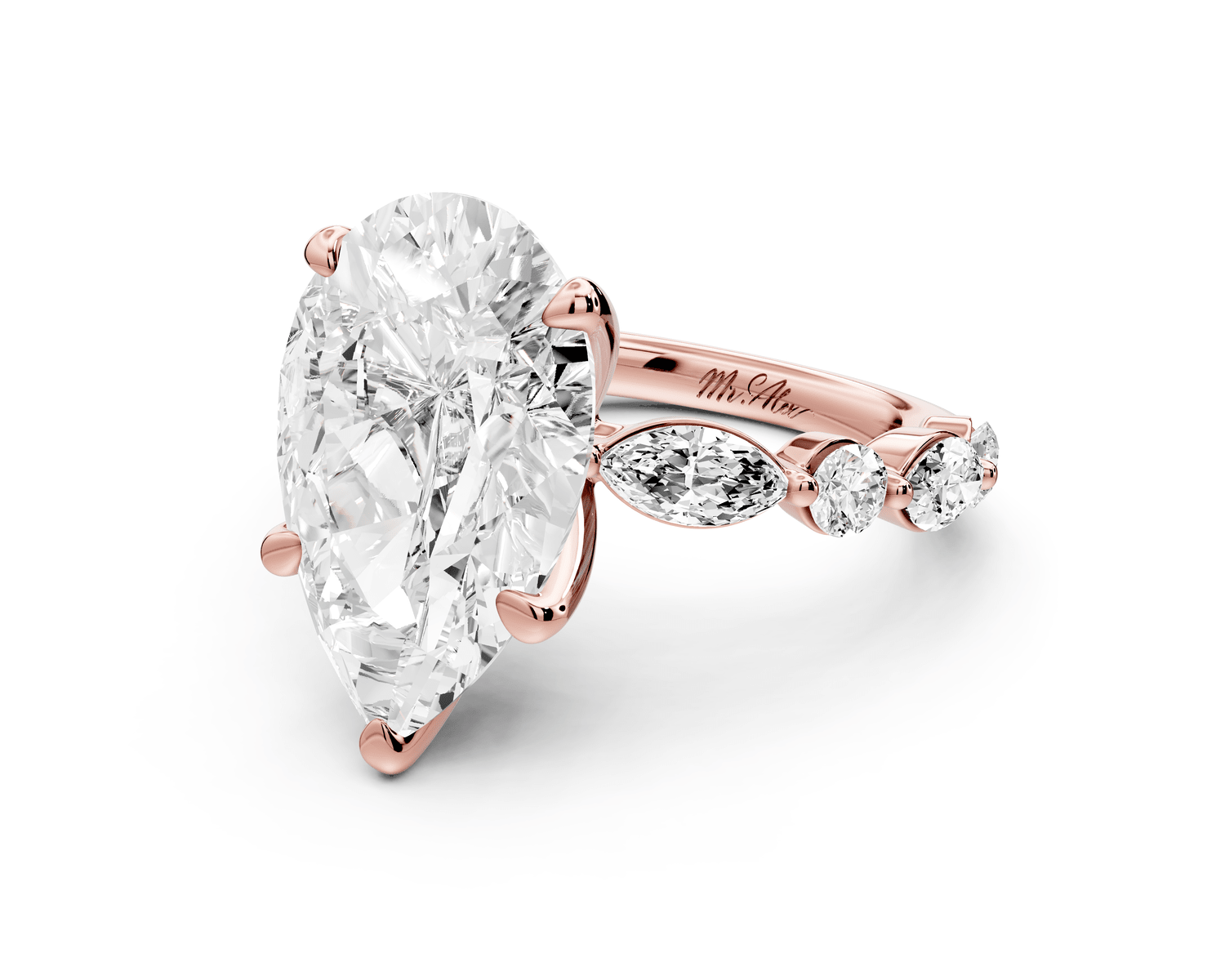 Amalia - 5ct 18k rose gold pear Round Diamond with Alternating 8 - Stone Marquise and Round Diamond Band Engagement Ring - Mr. Alex Jewelry