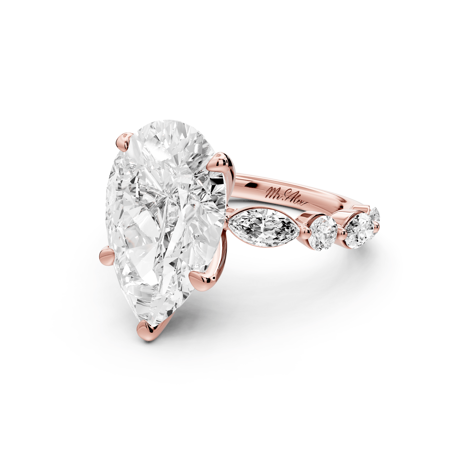 Amalia - 5ct 18k rose gold pear Round Diamond with Alternating 8 - Stone Marquise and Round Diamond Band Engagement Ring - Mr. Alex Jewelry