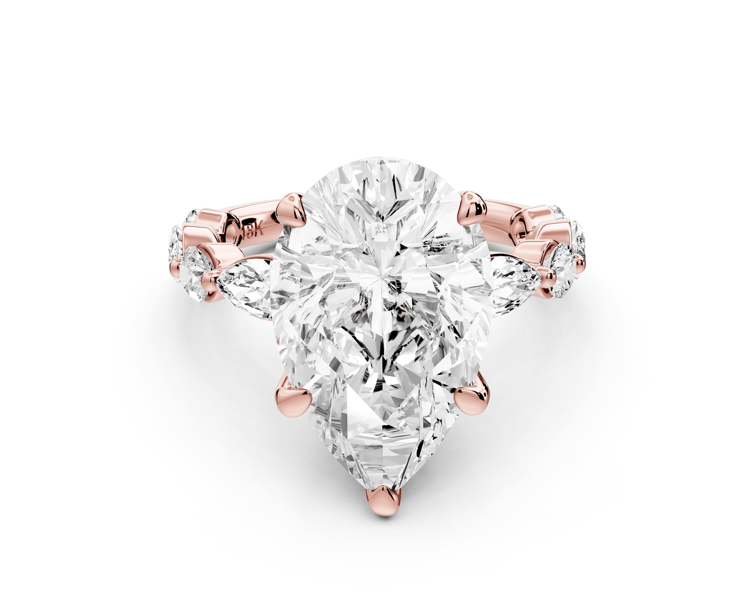 Amalia - 5ct 18k rose gold pear Round Diamond with Alternating 8 - Stone Marquise and Round Diamond Band Engagement Ring - Mr. Alex Jewelry