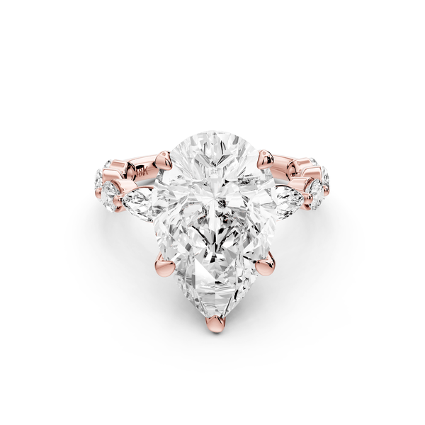 Amalia - 5ct 18k rose gold pear Round Diamond with Alternating 8 - Stone Marquise and Round Diamond Band Engagement Ring - Mr. Alex Jewelry