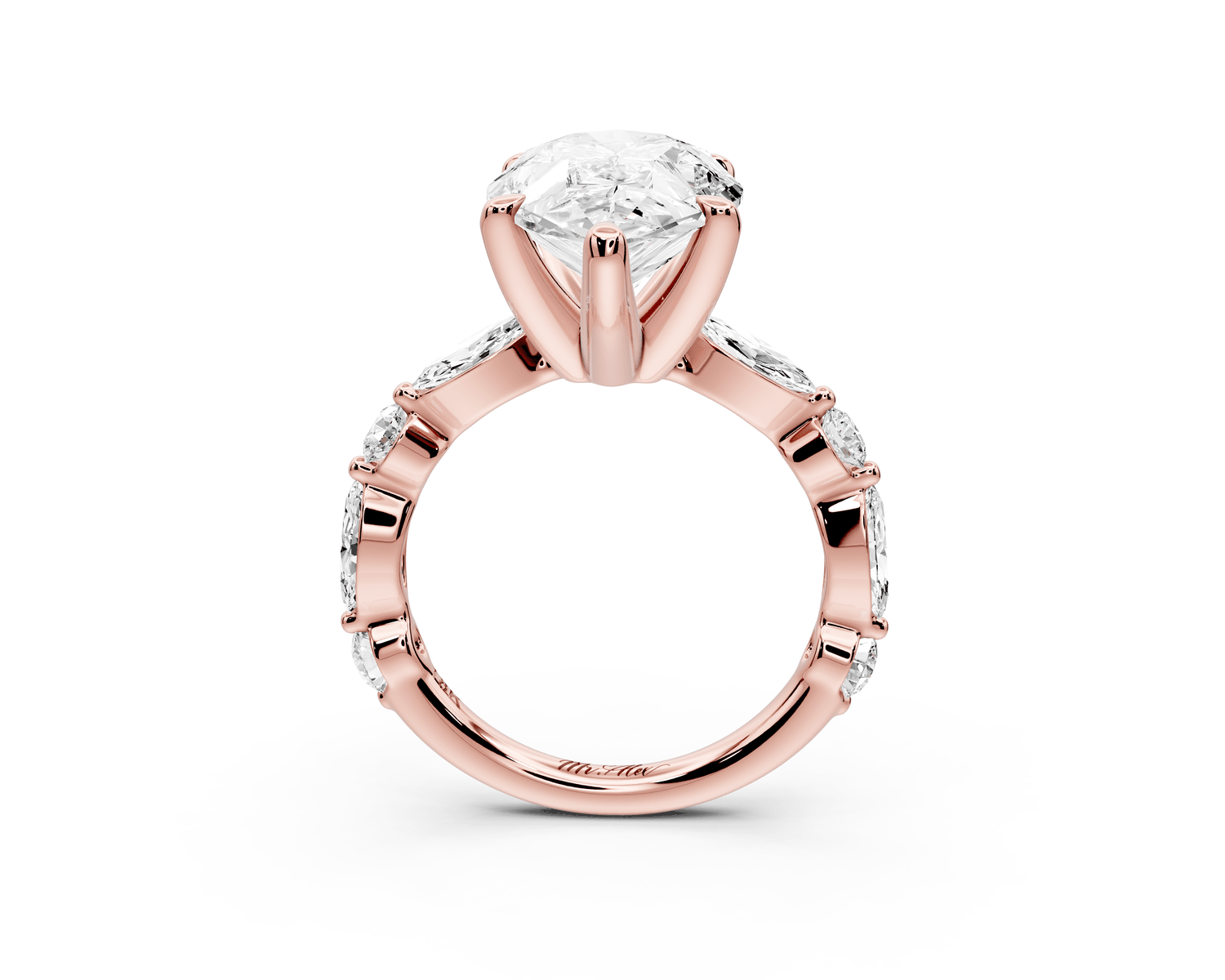 Amalia - 5ct 18k rose gold pear Round Diamond with Alternating 8 - Stone Marquise and Round Diamond Band Engagement Ring - Mr. Alex Jewelry