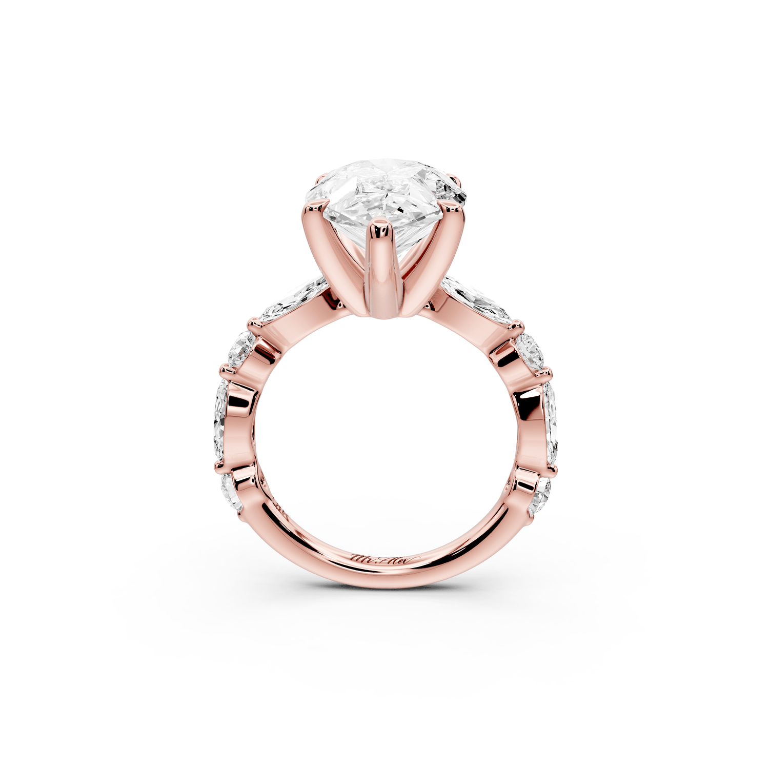 Amalia - 5ct 18k rose gold pear Round Diamond with Alternating 8 - Stone Marquise and Round Diamond Band Engagement Ring - Mr. Alex Jewelry