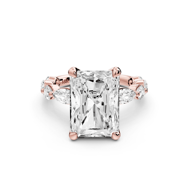 Amalia - 5ct 18k rose gold radiant Round Diamond with Alternating 8 - Stone Marquise and Round Diamond Band Engagement Ring - Mr. Alex Jewelry