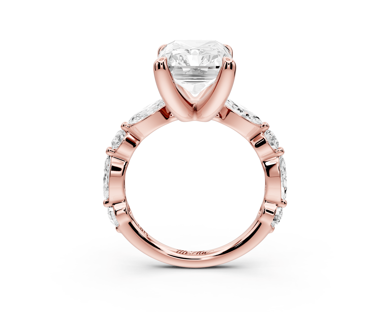 Amalia - 5ct 18k rose gold radiant Round Diamond with Alternating 8 - Stone Marquise and Round Diamond Band Engagement Ring - Mr. Alex Jewelry