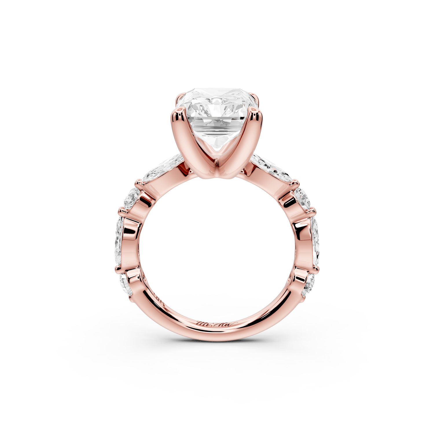 Amalia - 5ct 18k rose gold radiant Round Diamond with Alternating 8 - Stone Marquise and Round Diamond Band Engagement Ring - Mr. Alex Jewelry