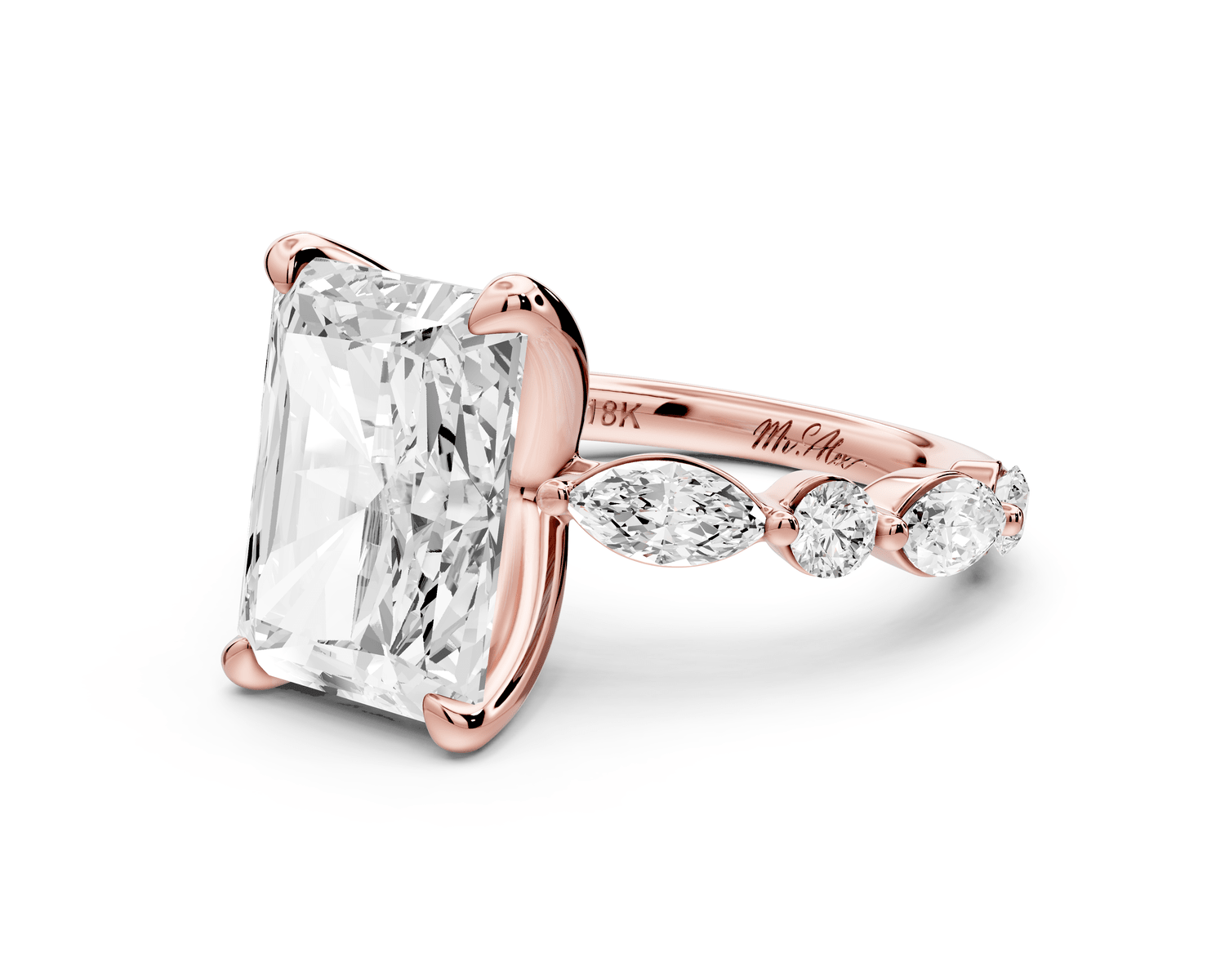 Amalia - 5ct 18k rose gold radiant Round Diamond with Alternating 8 - Stone Marquise and Round Diamond Band Engagement Ring - Mr. Alex Jewelry