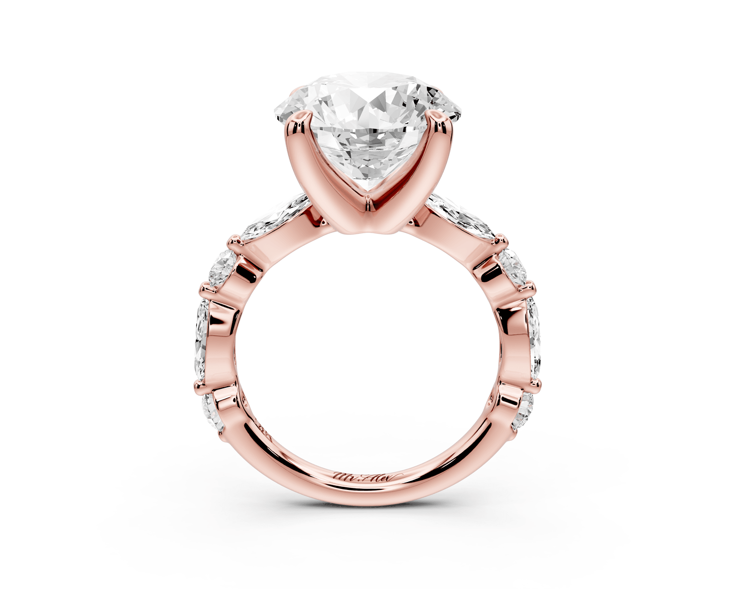 Amalia - 5ct 18k rose gold round Round Diamond with Alternating 8 - Stone Marquise and Round Diamond Band Engagement Ring - Mr. Alex Jewelry