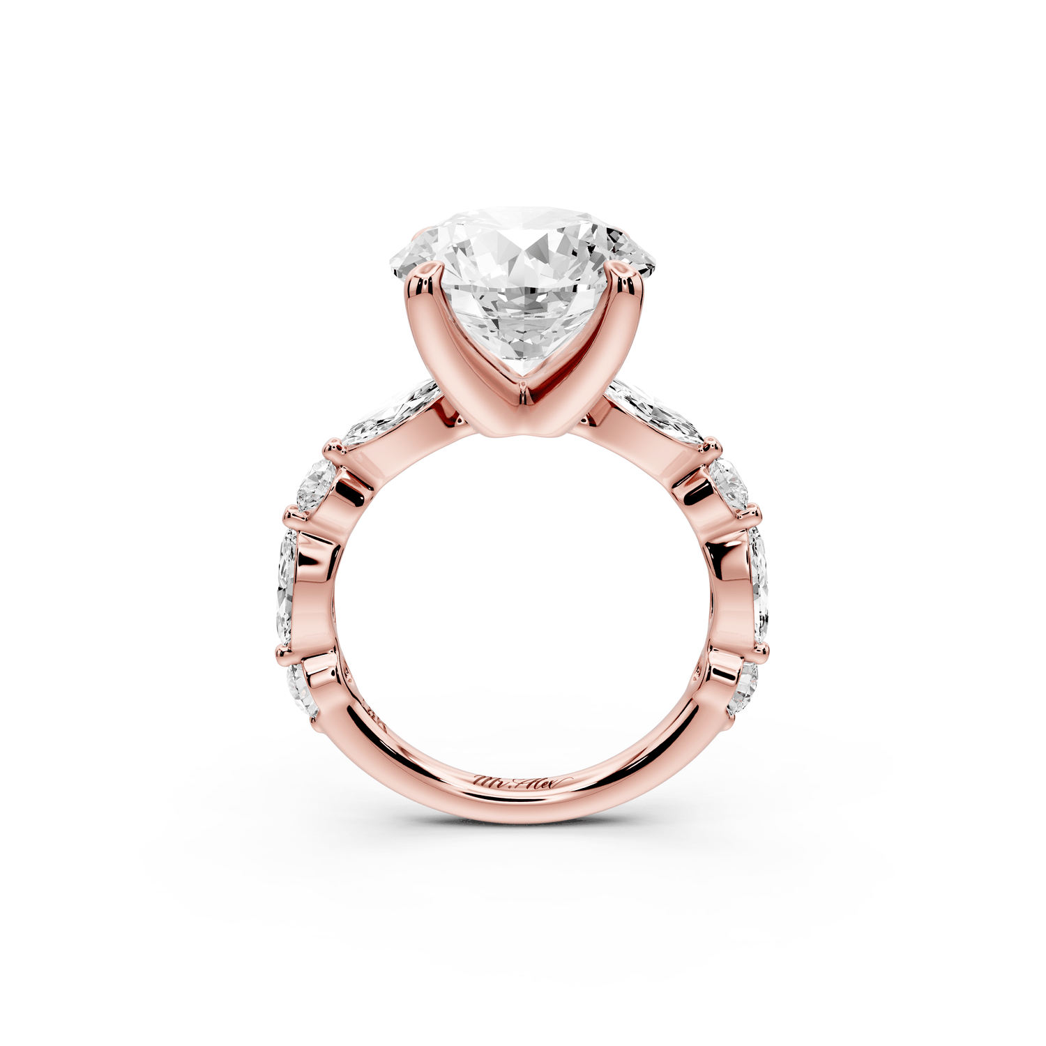 Amalia - 5ct 18k rose gold round Round Diamond with Alternating 8 - Stone Marquise and Round Diamond Band Engagement Ring - Mr. Alex Jewelry