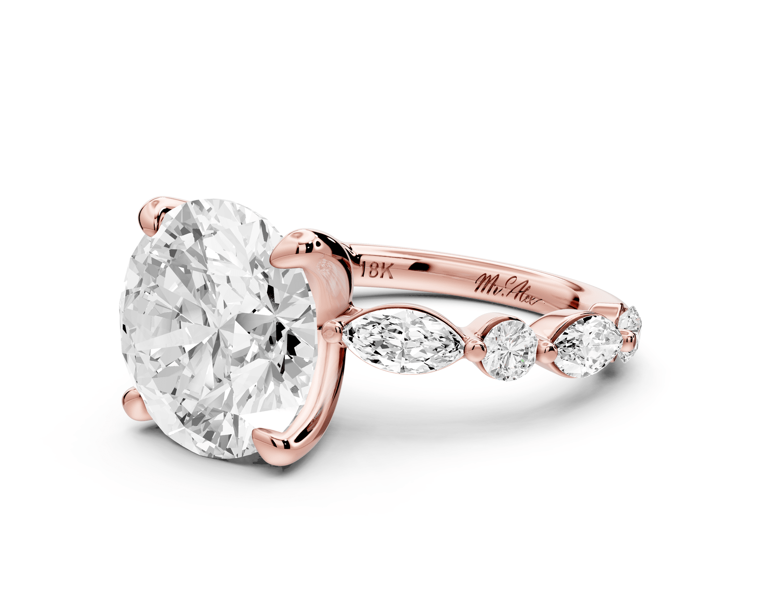 Amalia - 5ct 18k rose gold round Round Diamond with Alternating 8 - Stone Marquise and Round Diamond Band Engagement Ring - Mr. Alex Jewelry
