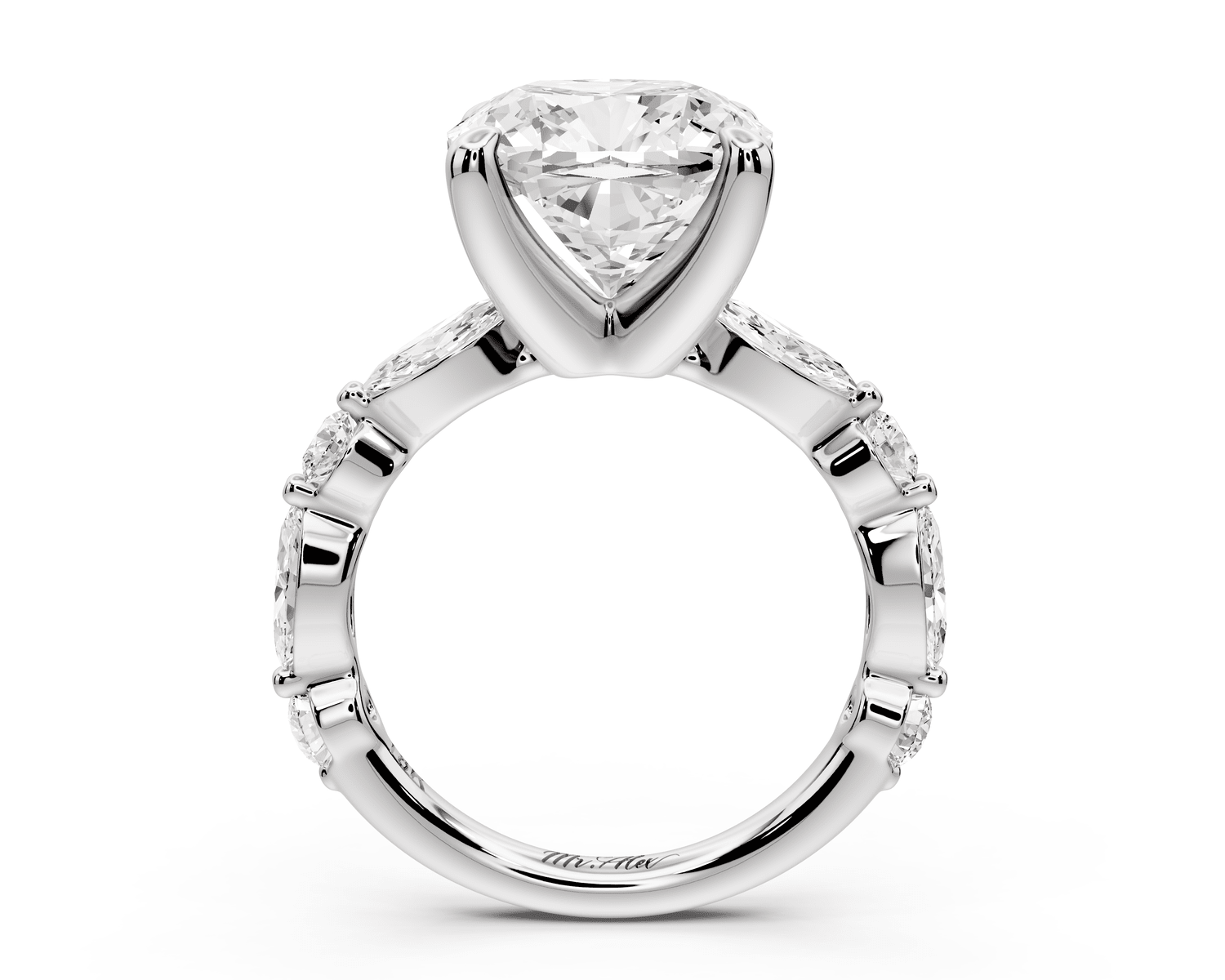 Amalia - 5ct 18k white gold cushion Round Diamond with Alternating 8 - Stone Marquise and Round Diamond Band Engagement Ring - Mr. Alex Jewelry