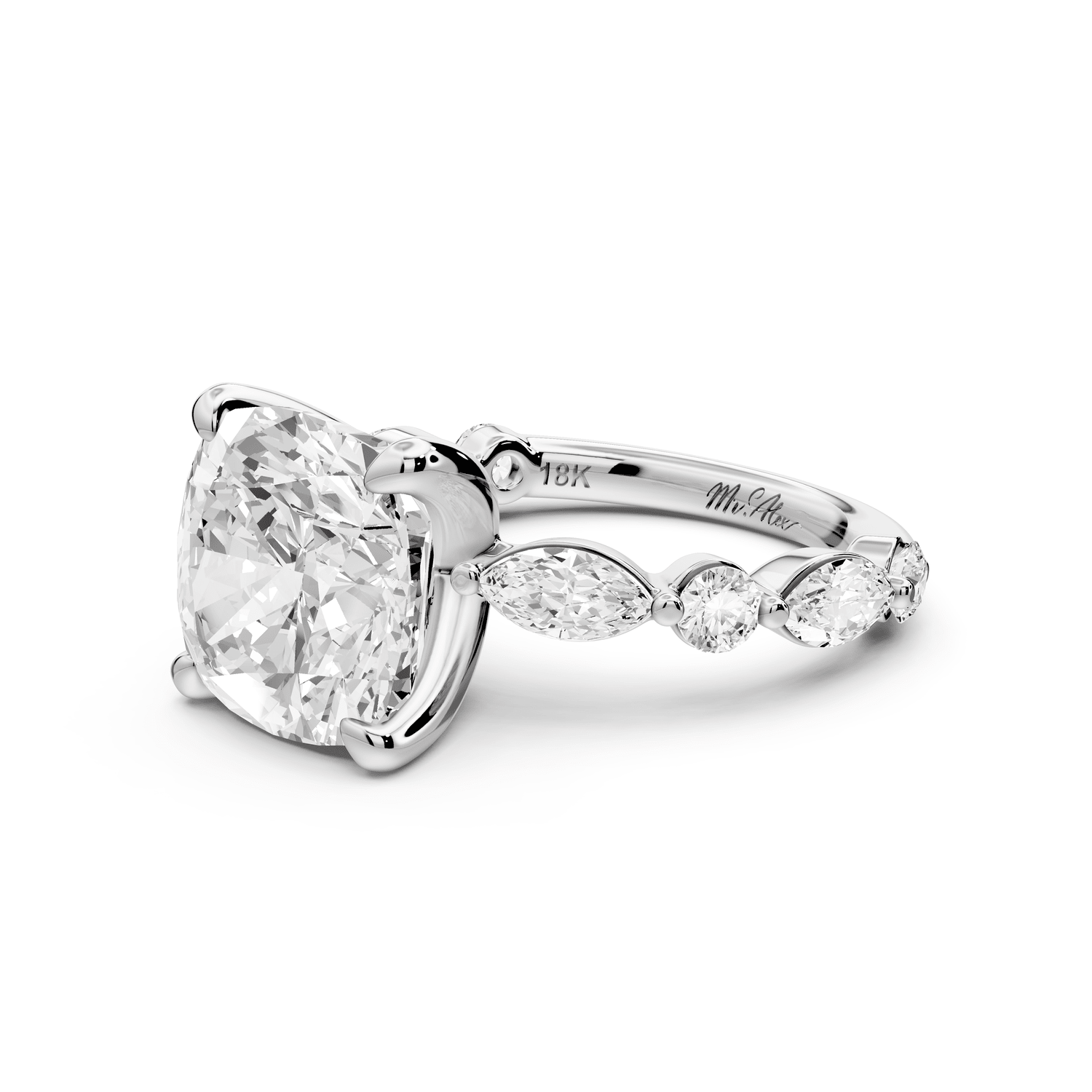Amalia - 5ct 18k white gold cushion Round Diamond with Alternating 8 - Stone Marquise and Round Diamond Band Engagement Ring - Mr. Alex Jewelry